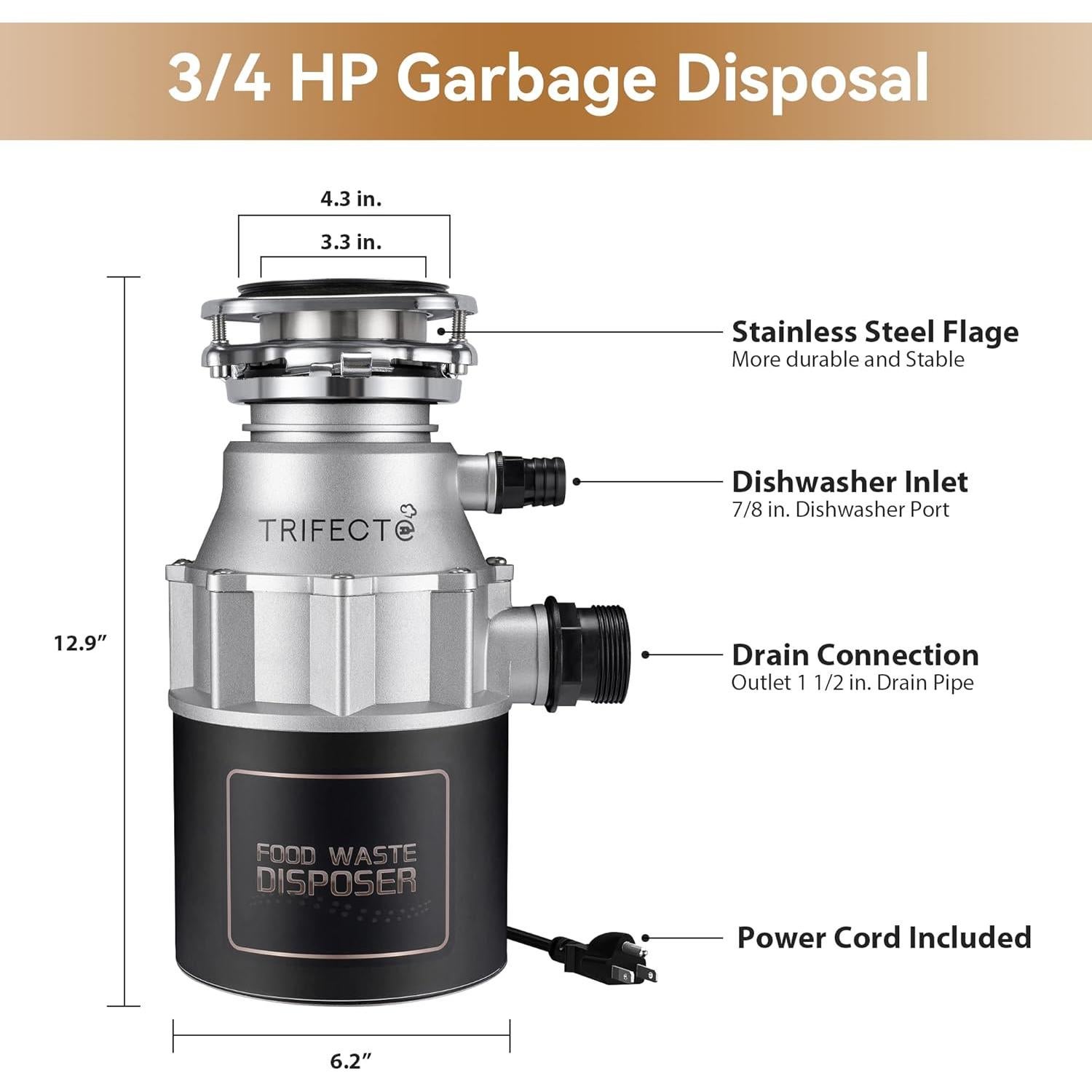 Triturador de Basura Trifecte EM 200 3/4 HP Acero Inoxidable