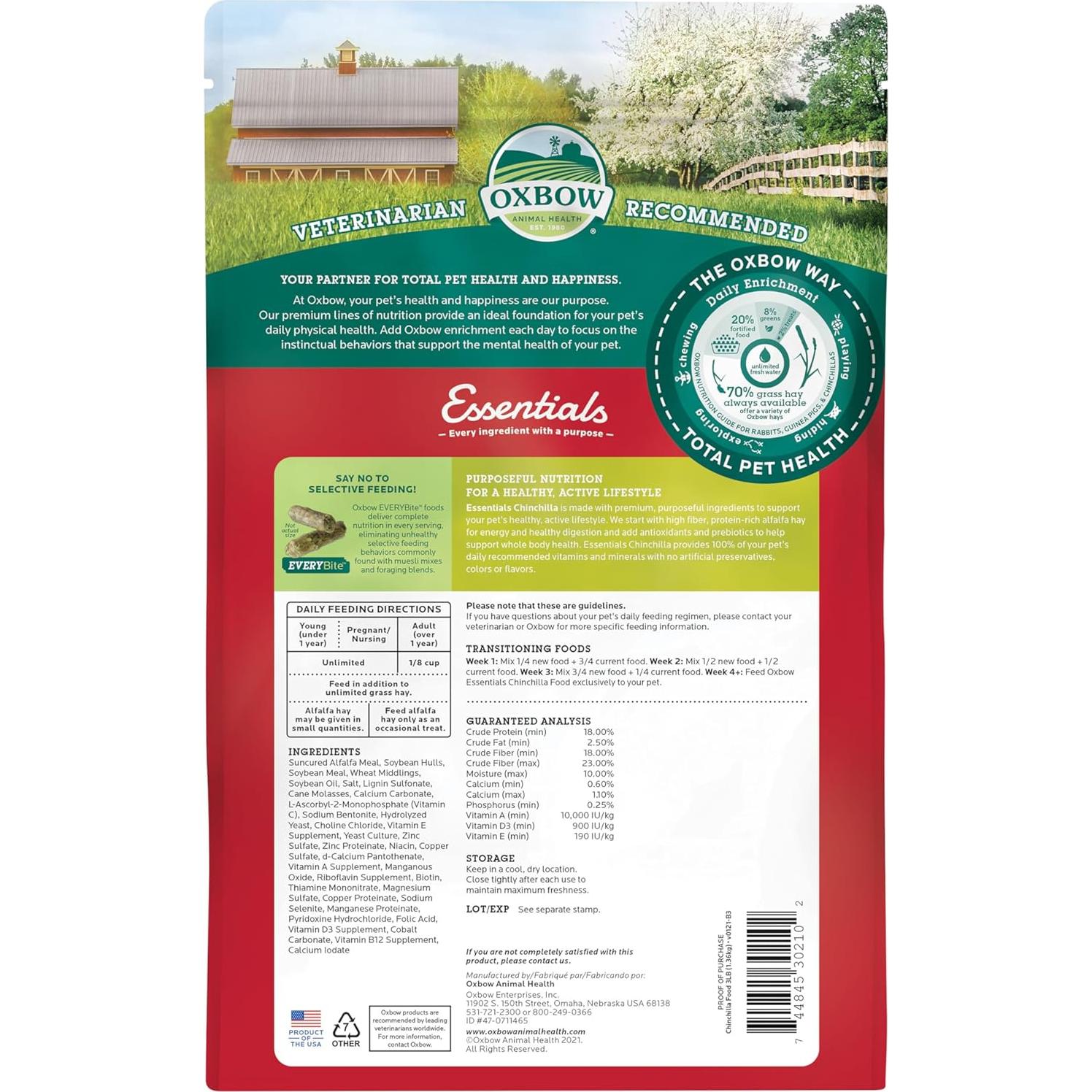 Alimento para Chinchillas Oxbow Essentials 1.36 kg - Alto en Fibra