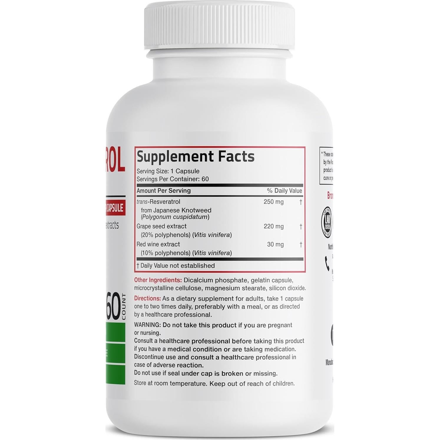 Bronson Resveratrol 500 mg con Semilla de Uva y Vino Tinto - 60 Cápsulas