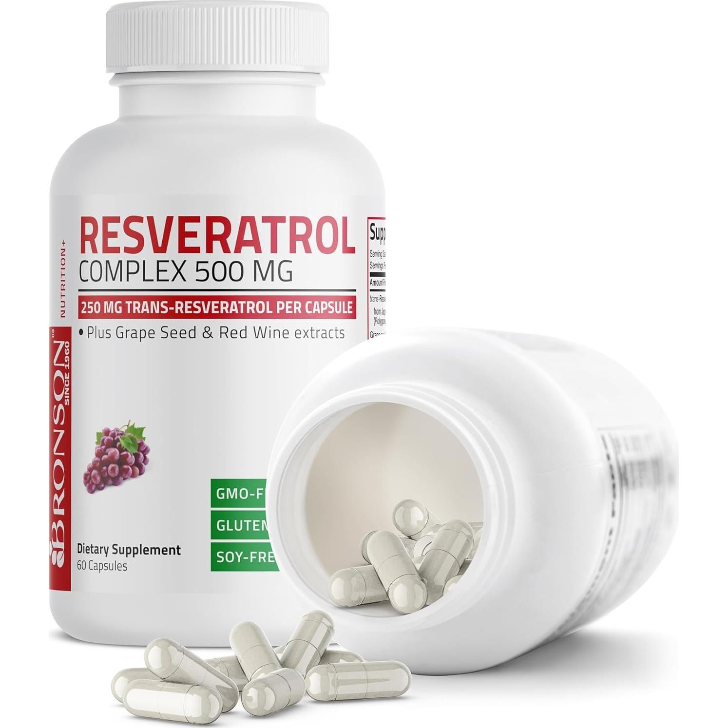 Bronson Resveratrol 500 mg con Semilla de Uva y Vino Tinto - 60 Cápsulas