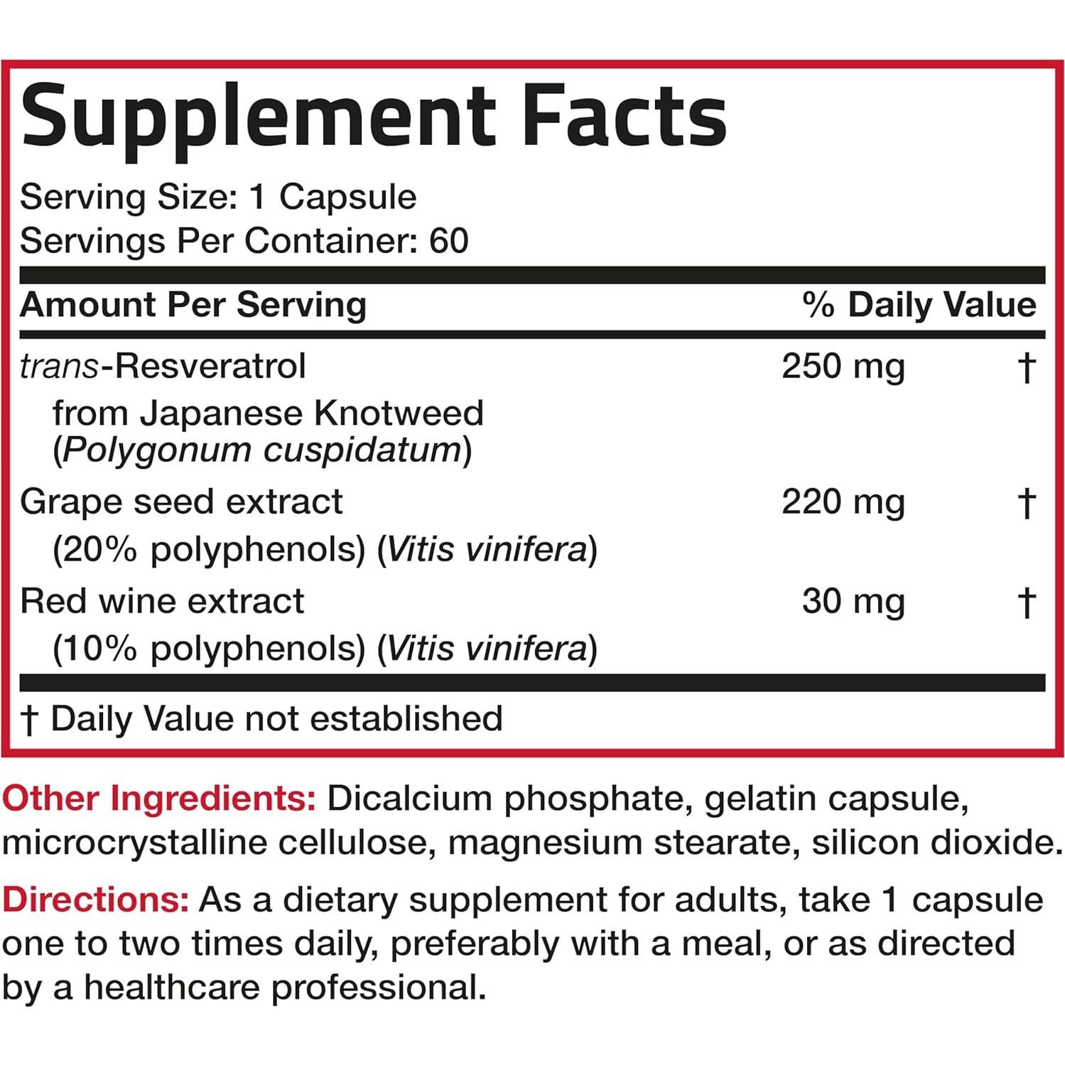 Bronson Resveratrol 500 mg con Semilla de Uva y Vino Tinto - 60 Cápsulas