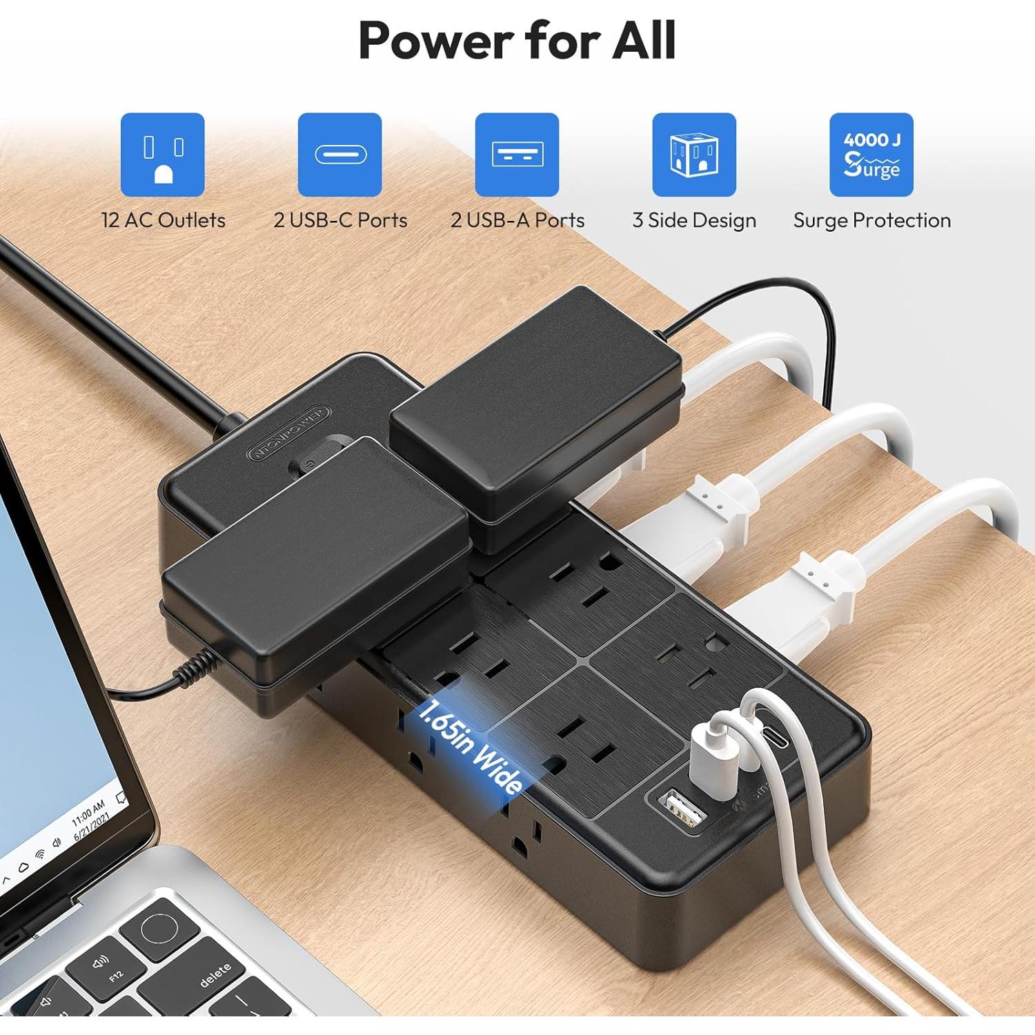 NTONPOWER Cable de Extensión 5FT 12 Salidas 4 USB Montable