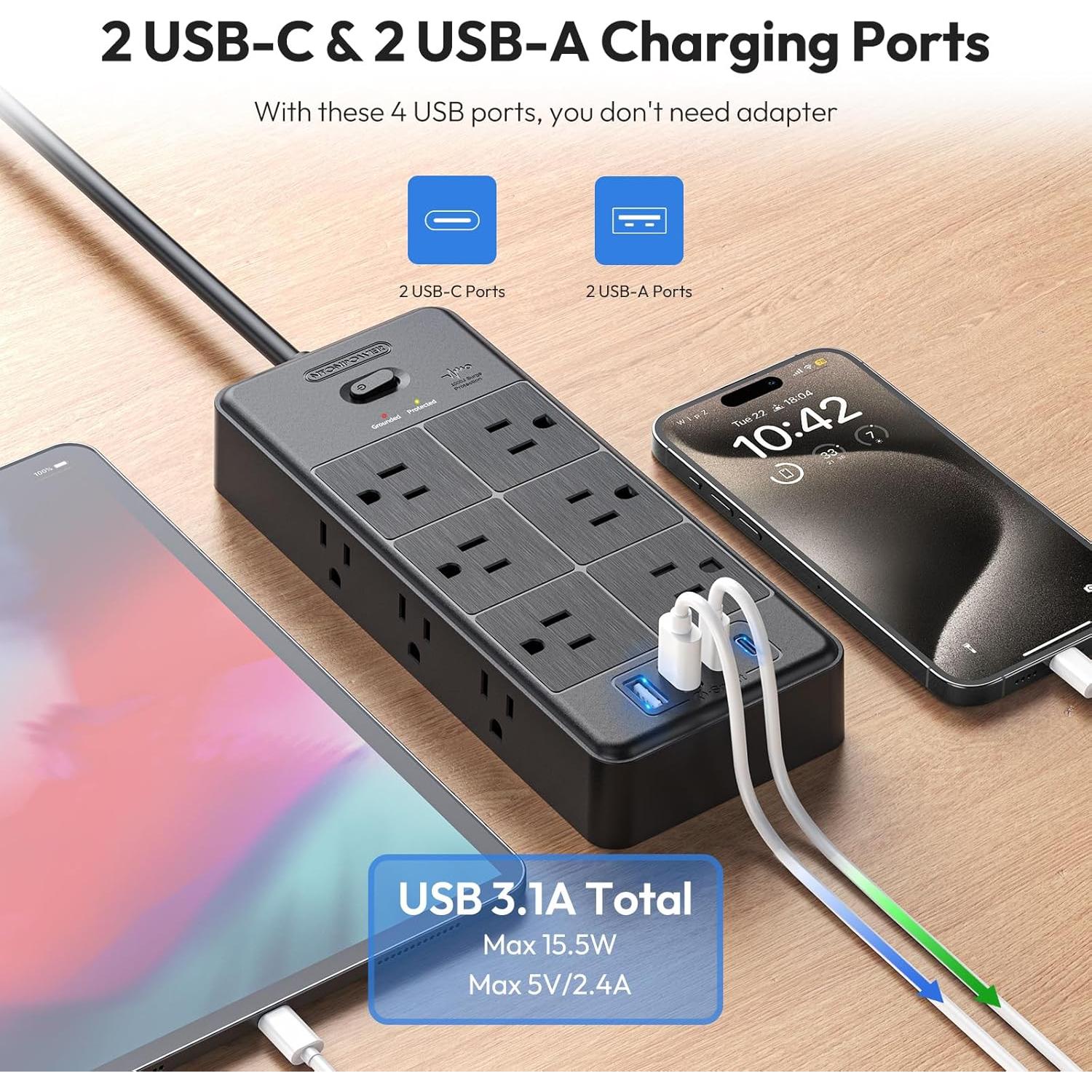 NTONPOWER Cable de Extensión 5FT 12 Salidas 4 USB Montable