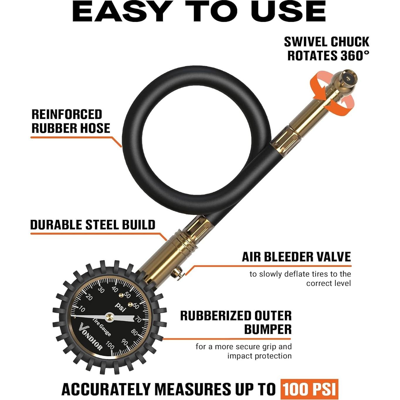 Medidor de Presión de Neumáticos Vondior 0-100 PSI Analógico