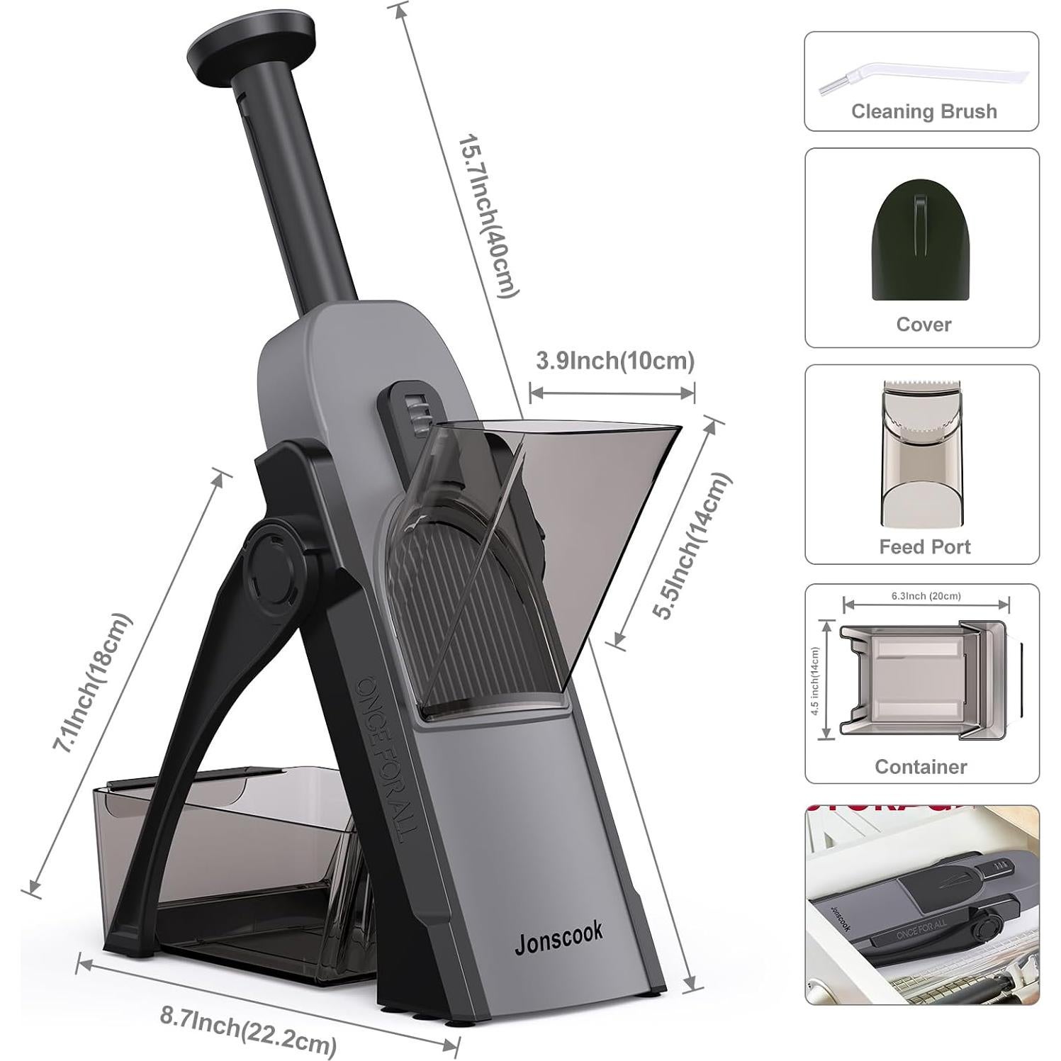 Rebanador Mandolina Jonscook Negro 5 en 1 Grosor Ajustable 0-8mm