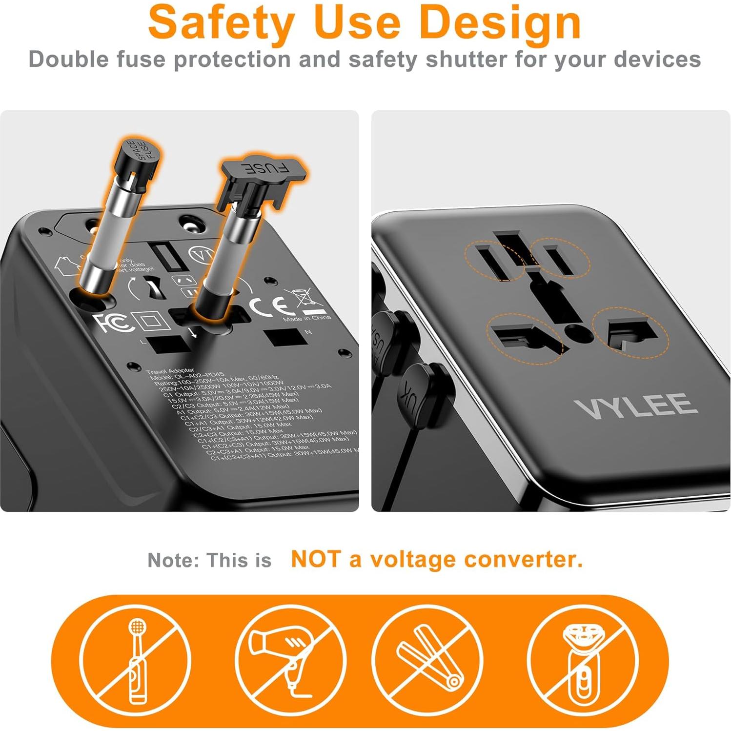 Adaptador de Viaje Universal VYLEE 45W Carga Rápida 5 Puertos