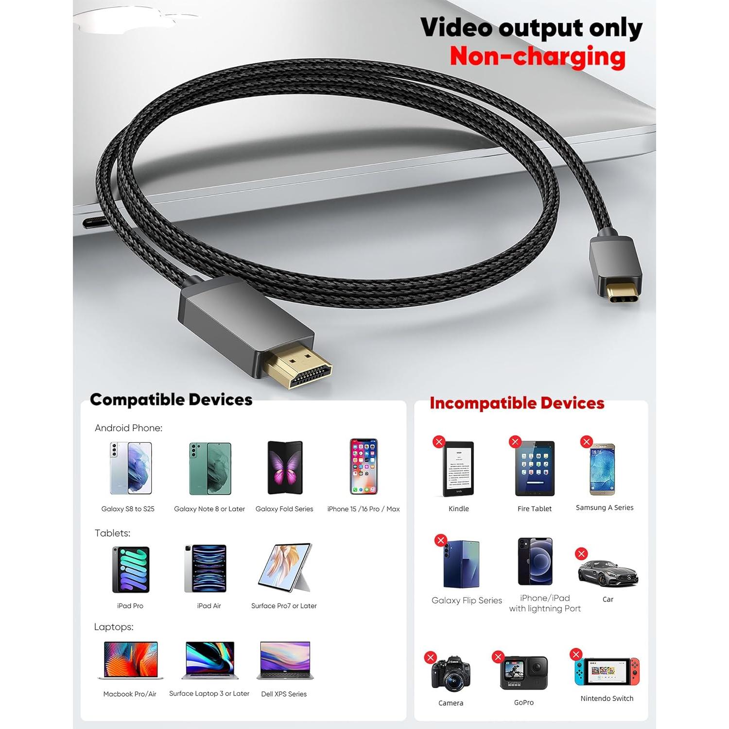 Cable USB C a HDMI 1.83m Vorothin 4K 30Hz Compatible iPhone 16