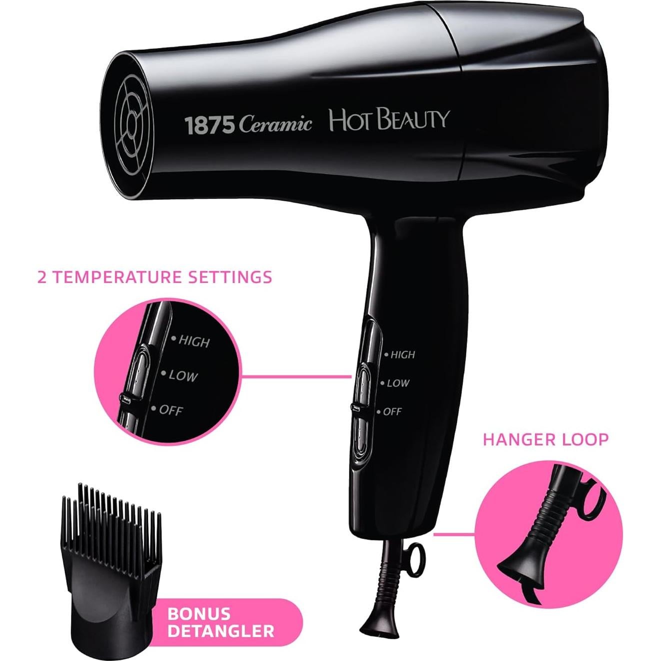 Secador de Pelo Cerámico Hot Beauty 1875W Compacto Negro