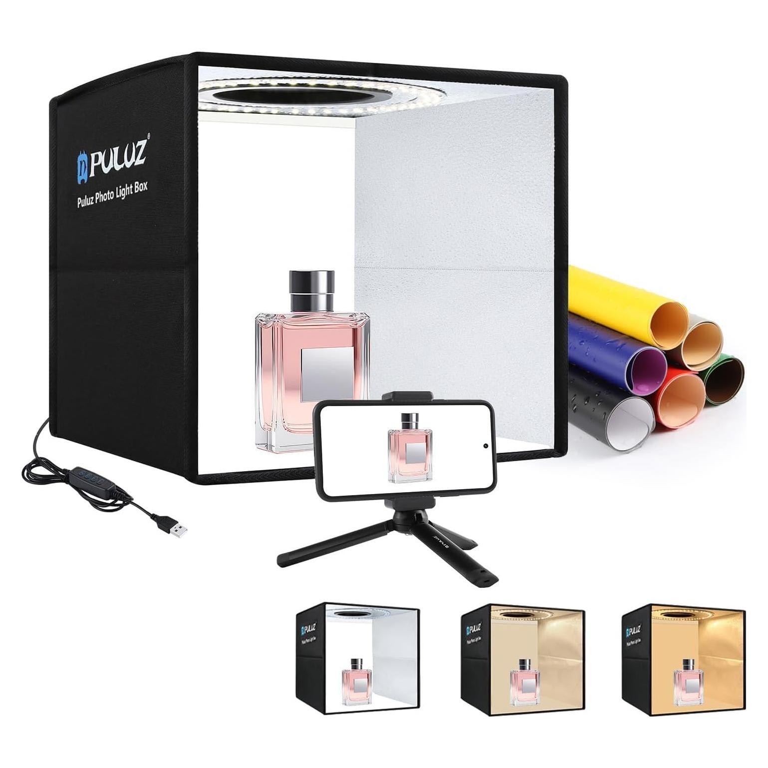 Mini Caja de Luz Fotográfica PULUZ 25cm con 96 LEDs y 12 Fondos