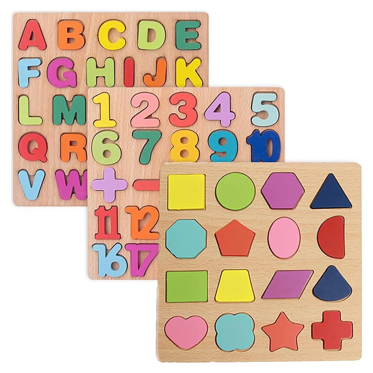 Rompecabezas de Madera Montessori Winbar - 3 Piezas Alfabeto, Números y Formas