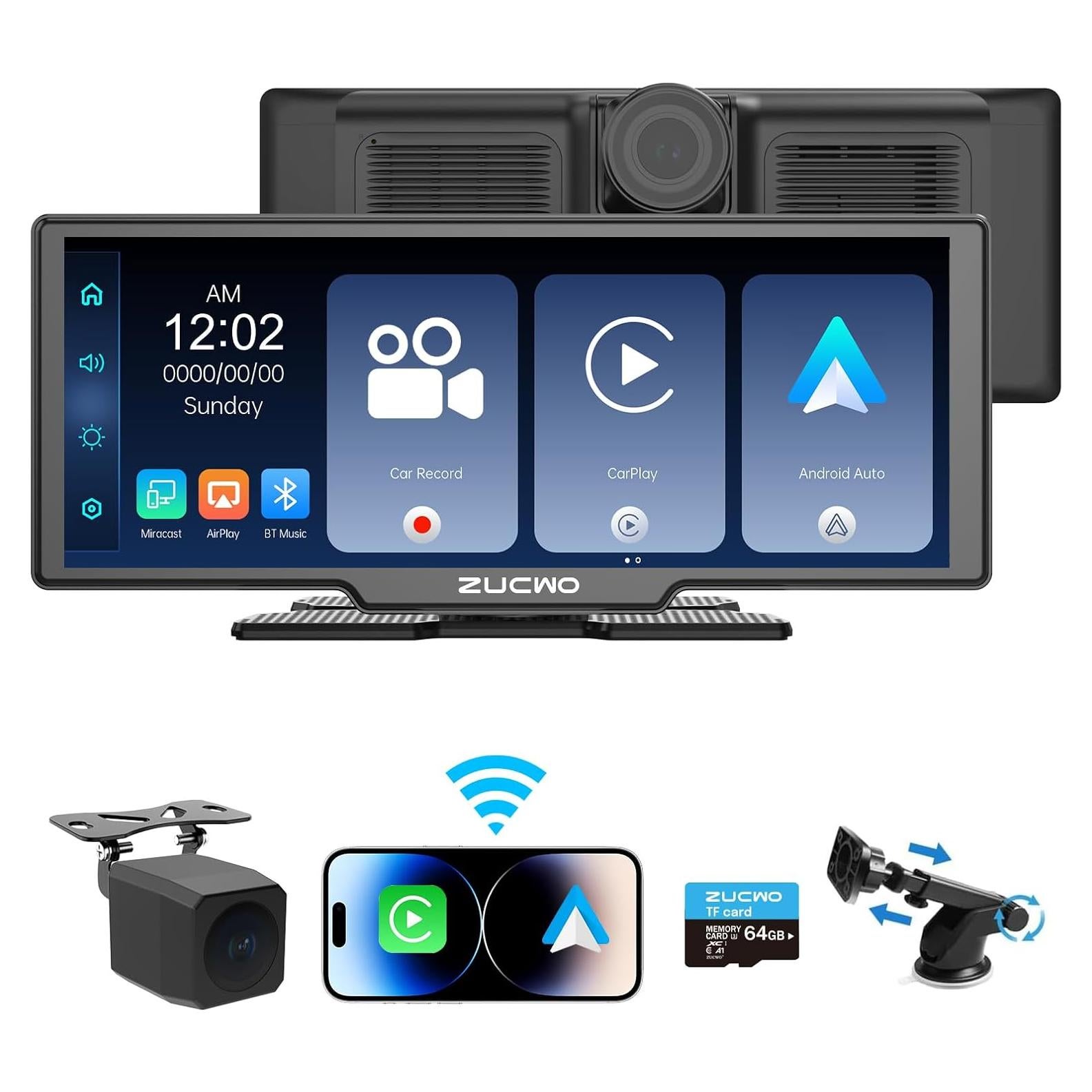 Pantalla Táctil Inalámbrica CarPlay 10.26" ZUCWO con Cámara
