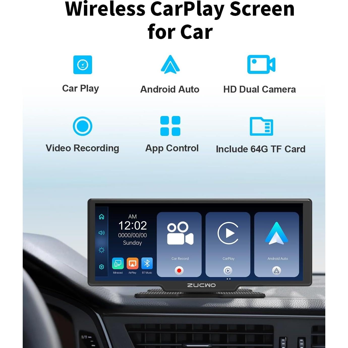 Pantalla Táctil Inalámbrica CarPlay 10.26" ZUCWO con Cámara