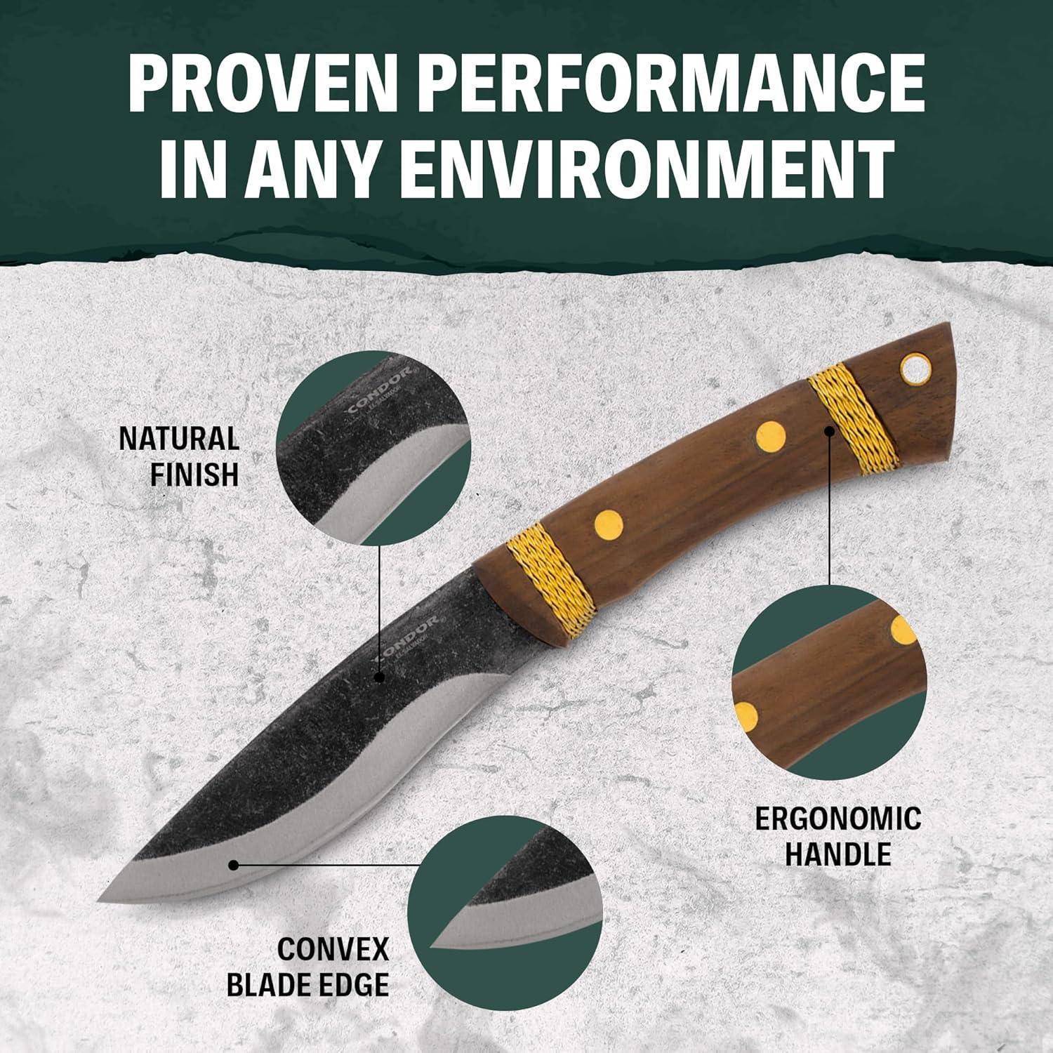 Cuchillo de Bushcraft Condor Huron Grande - Acero 1095 - Mango de Nogal