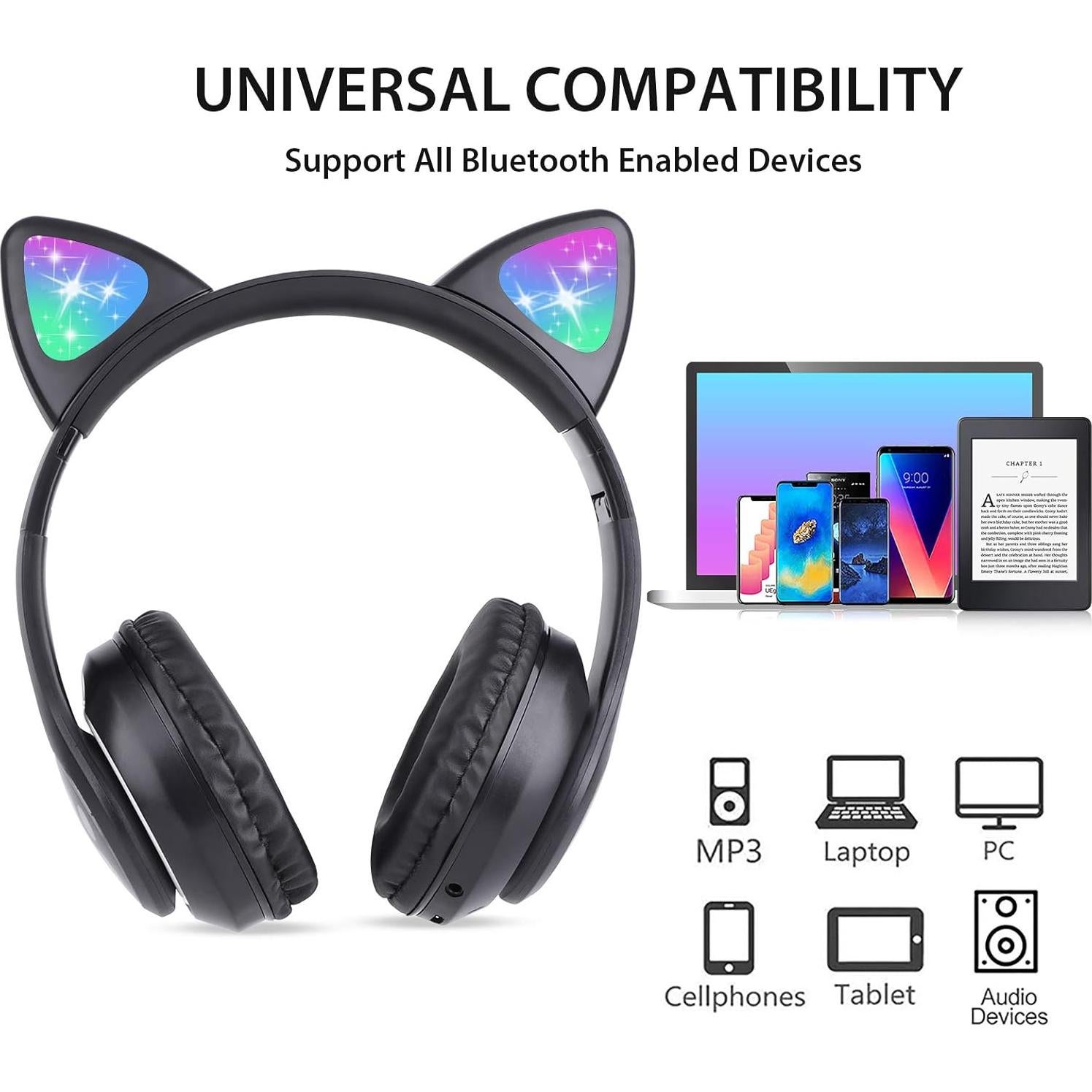 Auriculares Bluetooth 6.0 TCJJ Gato LED 85dB Plegables 331g