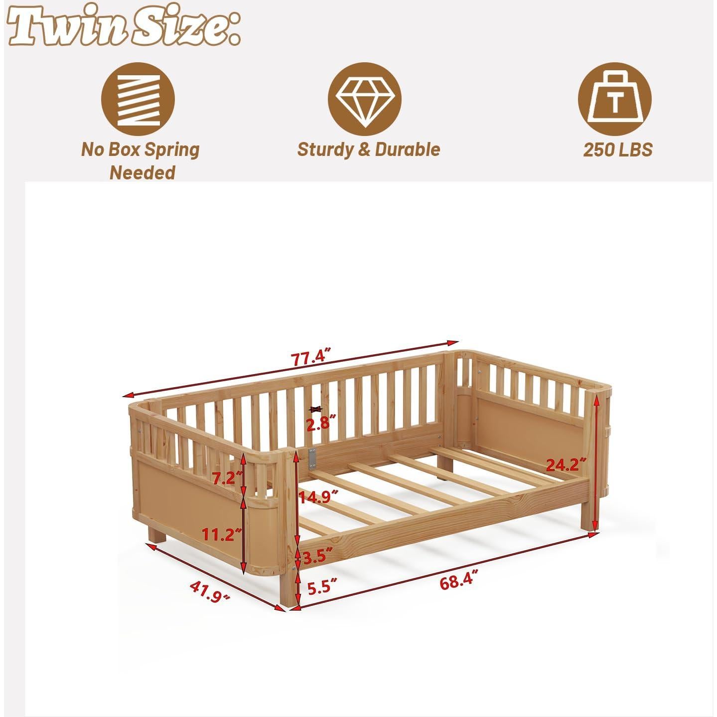 Cama Montessori Twin OYUMOENTS Natural con Barandillas