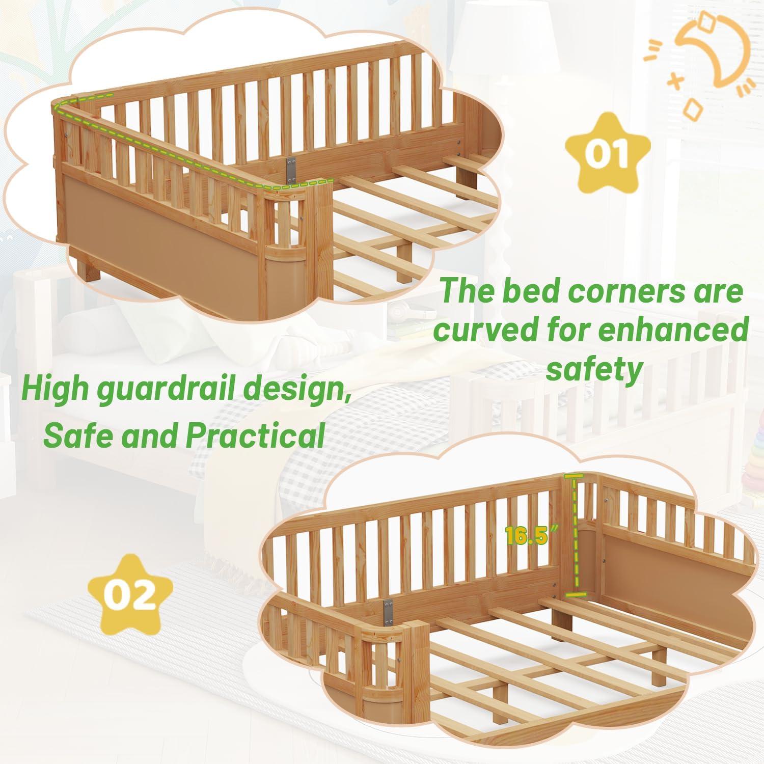 Cama Montessori Twin OYUMOENTS Natural con Barandillas