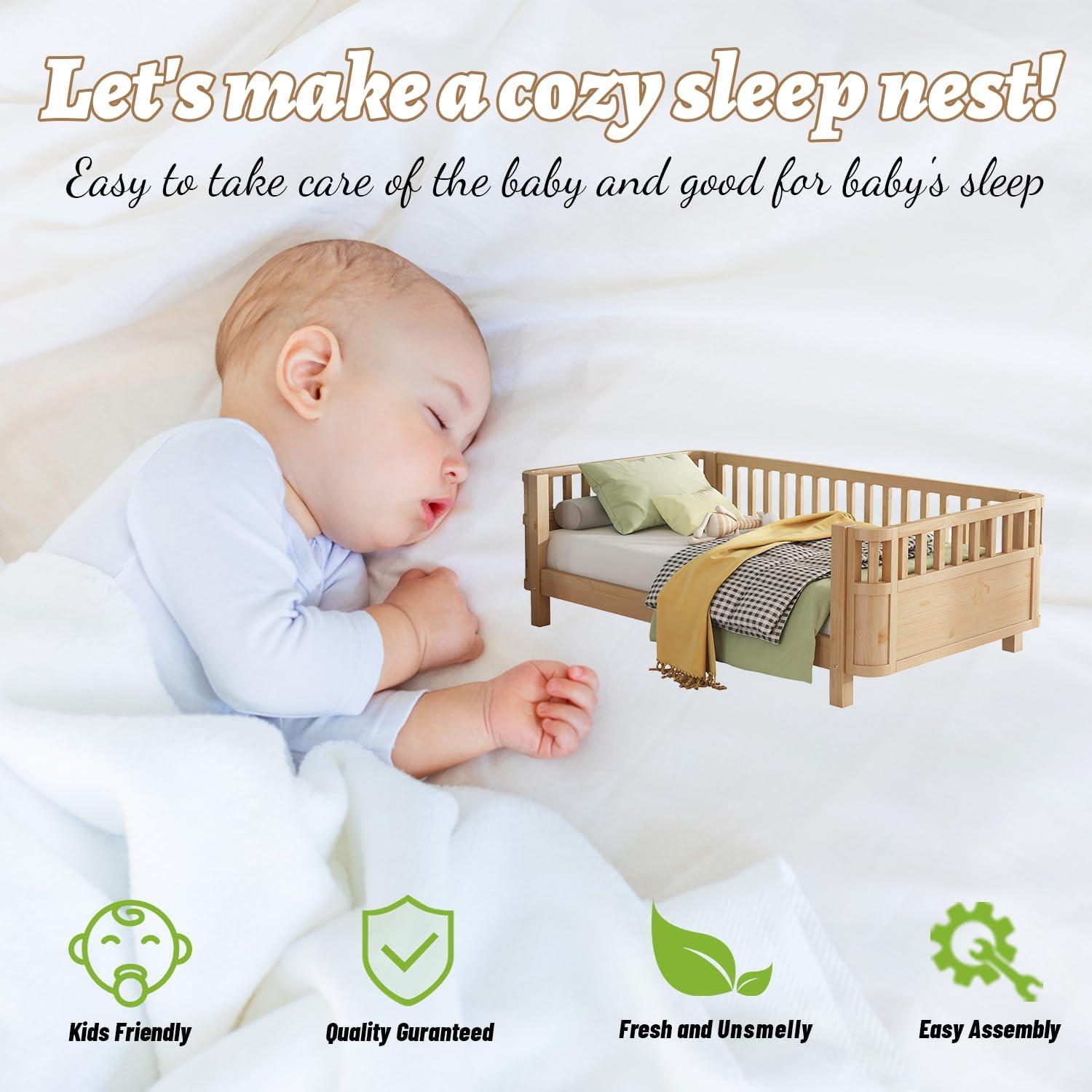 Cama Montessori Twin OYUMOENTS Natural con Barandillas