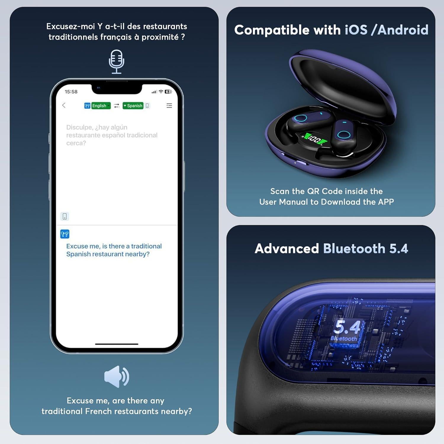 Auriculares de Traducción AI MOZC 4-en-1 Bluetooth 5.4 Azul