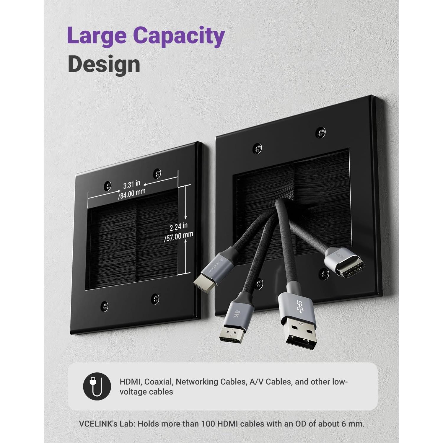 Placa de Pared VCELINK 2 Gang Brush Negro para Cables