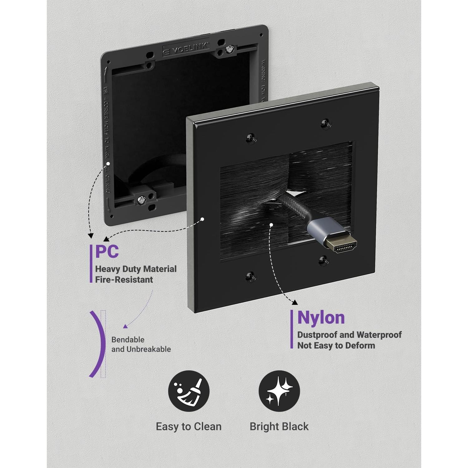 Placa de Pared VCELINK 2 Gang Brush Negro para Cables