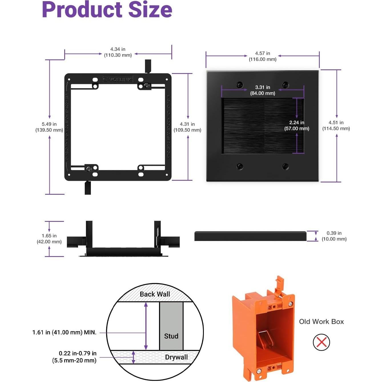Placa de Pared VCELINK 2 Gang Brush Negro para Cables
