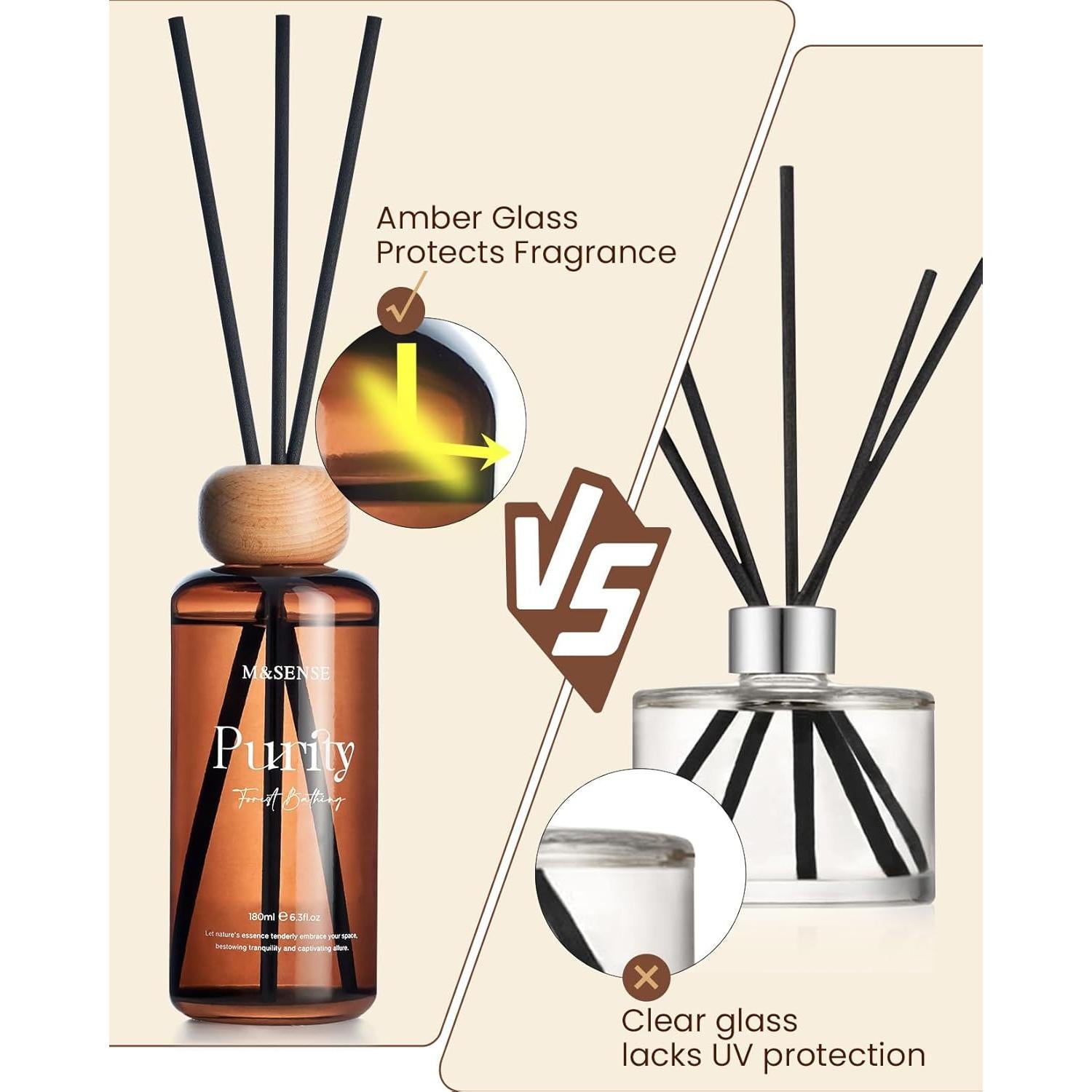 Difusor de caña M&SENSE 180 ml de vidrio ámbar con varillas