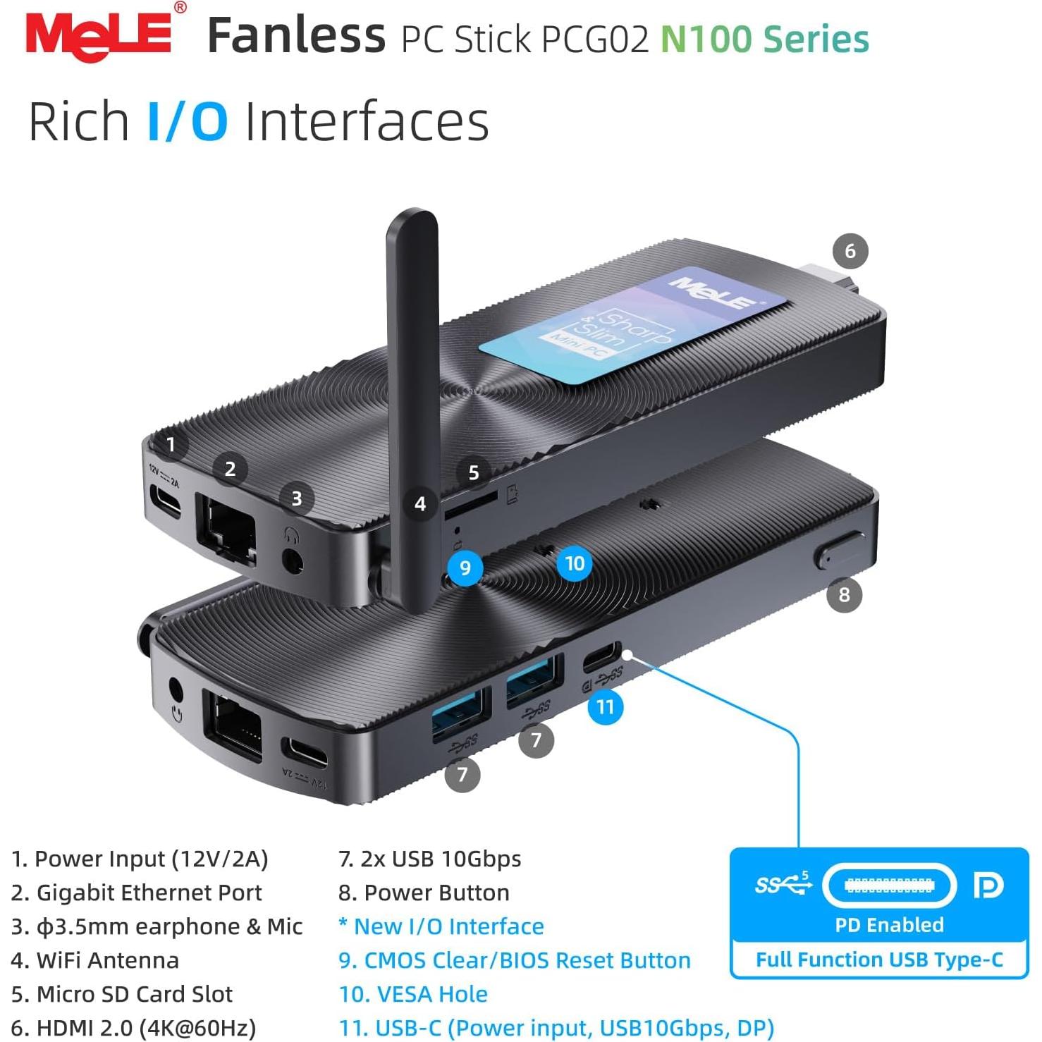 Mini PC Stick MeLE PCG02 N100 8GB 128GB 4K USB-C