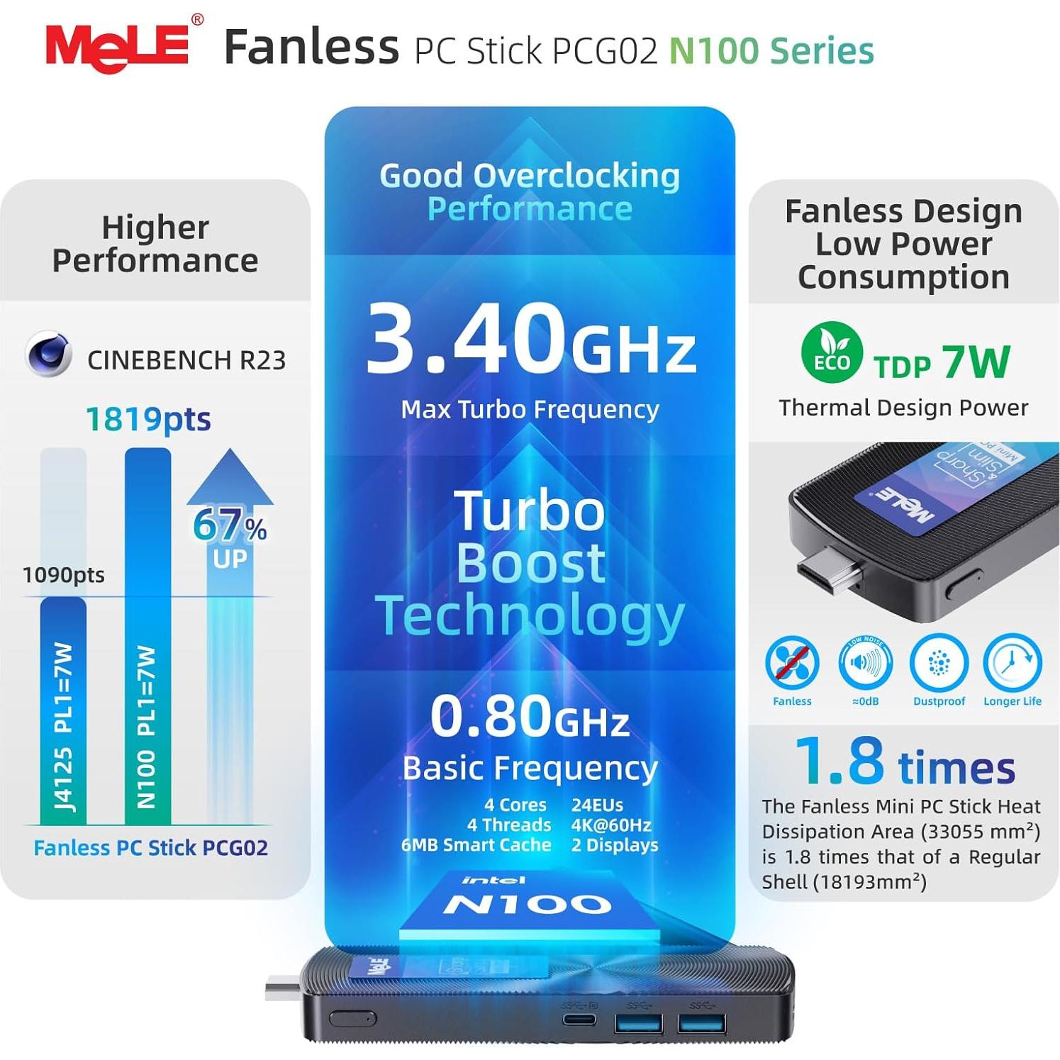 Mini PC Stick MeLE PCG02 N100 8GB 128GB 4K USB-C