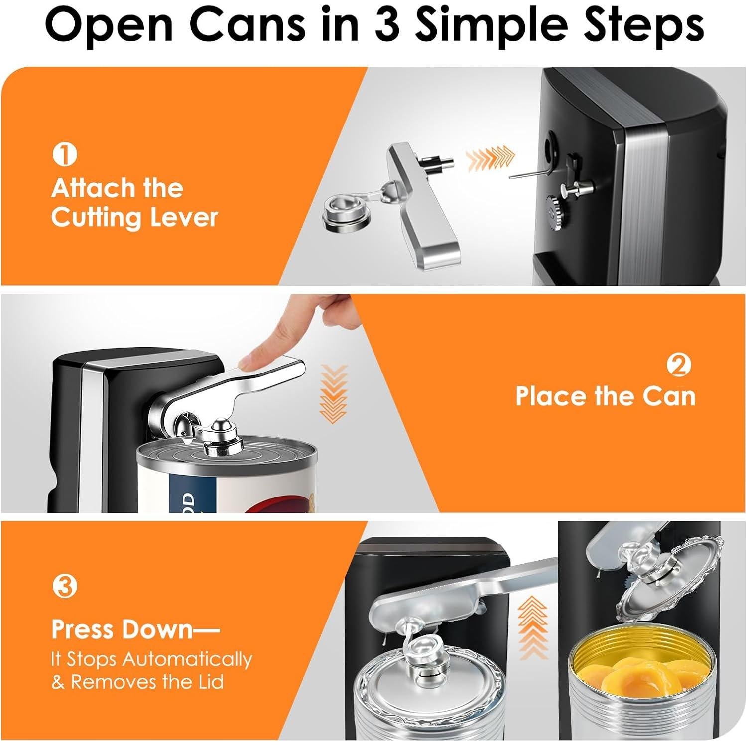 Abridor de Latas Eléctrico Davivy 3 en 1 Acero Inoxidable Negro