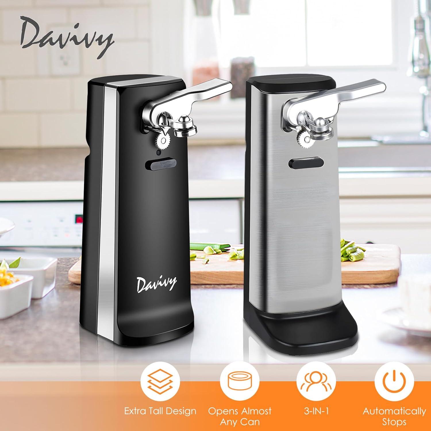 Abridor de Latas Eléctrico Davivy 3 en 1 Acero Inoxidable Negro
