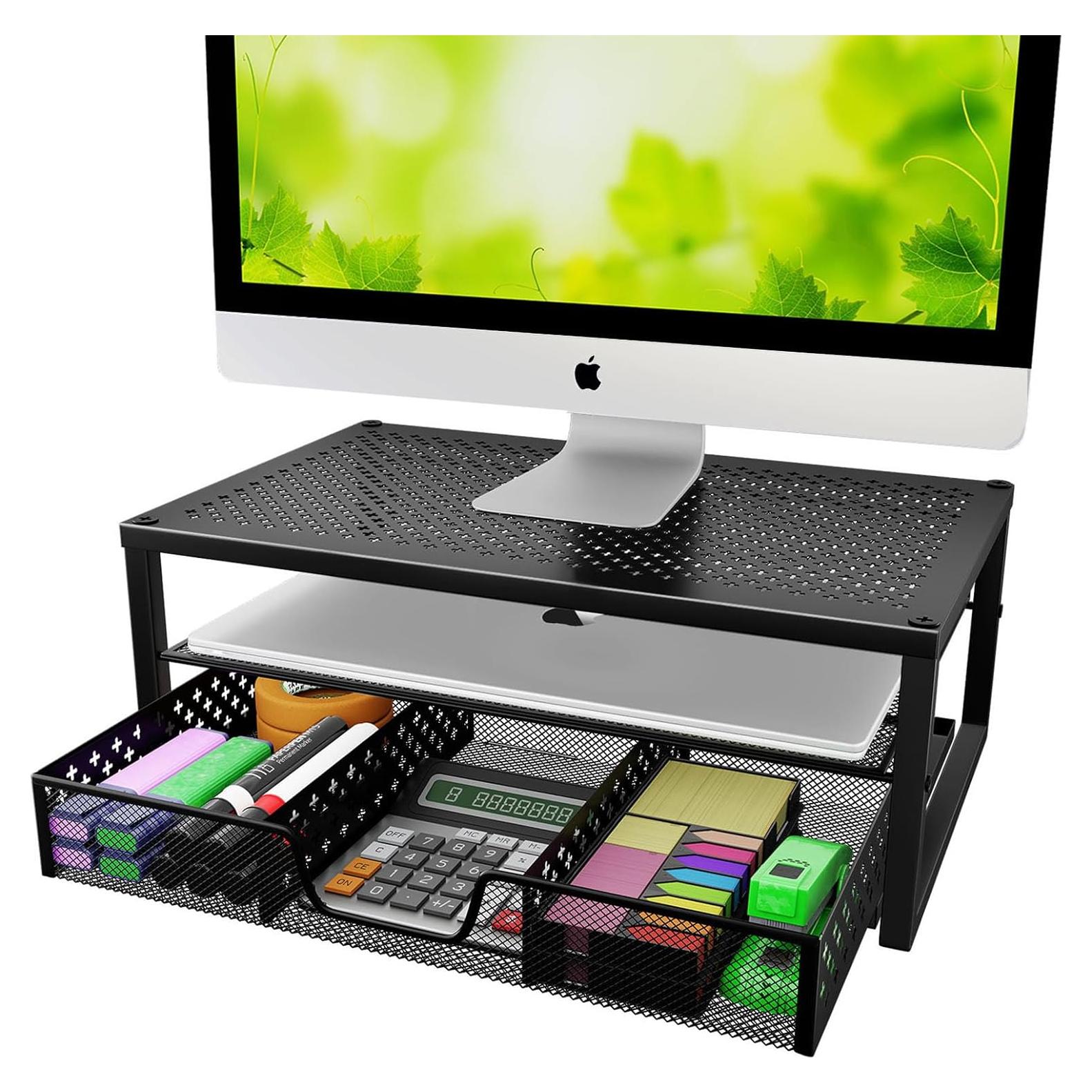 Soporte Elevador de Monitor de Metal Negro con Cajón Organizador