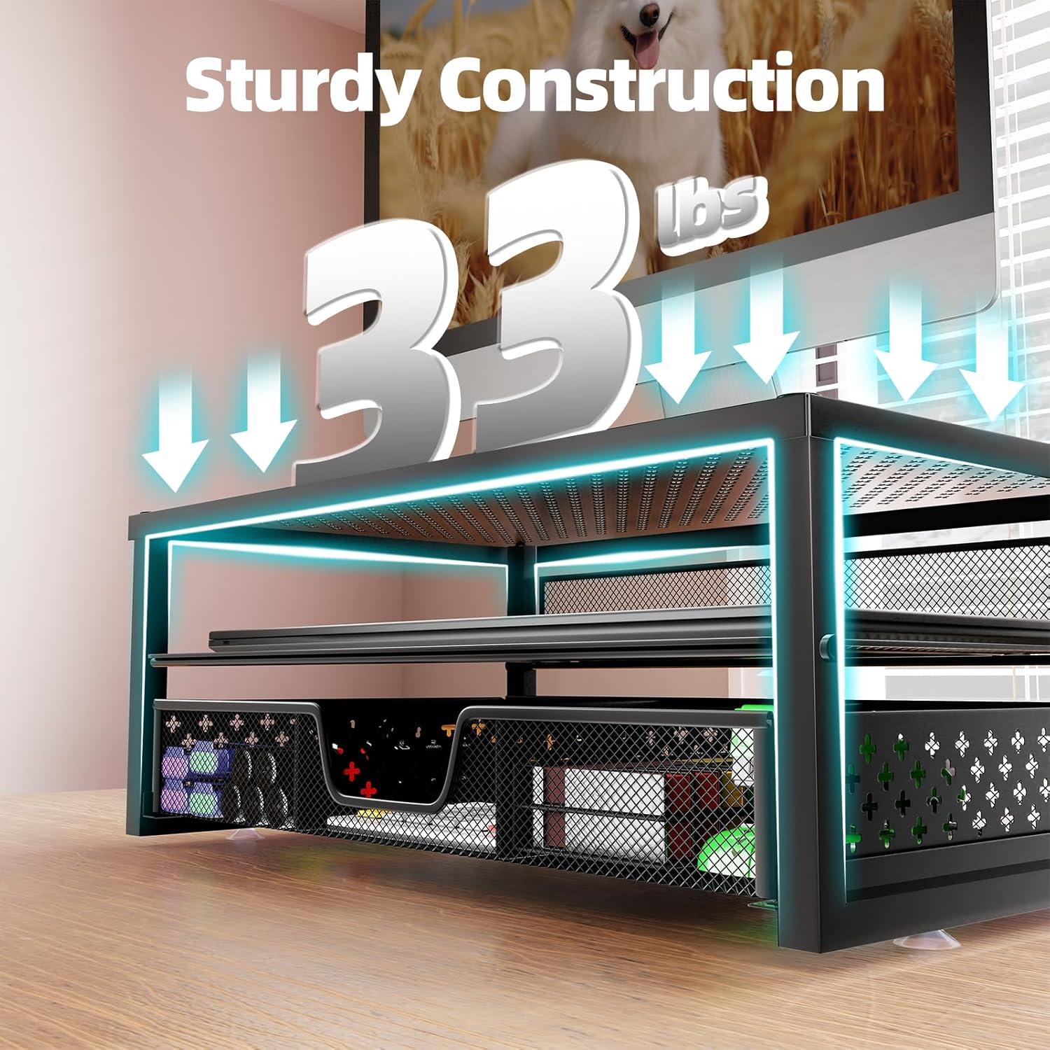 Soporte Elevador de Monitor de Metal Negro con Cajón Organizador