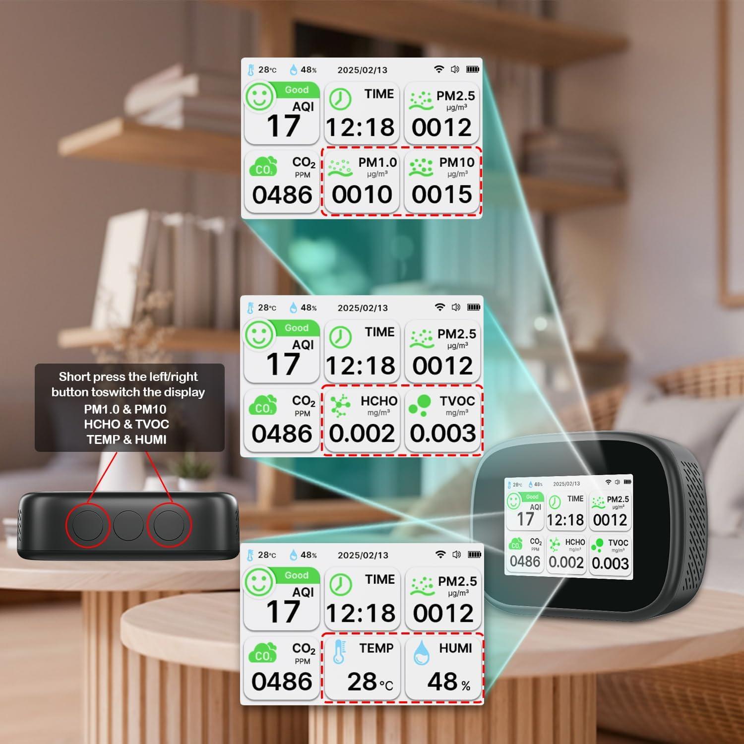 Monitor de Calidad del Aire Bcetasy 18-en-1 WiFi - AQI, CO2, PM2.5