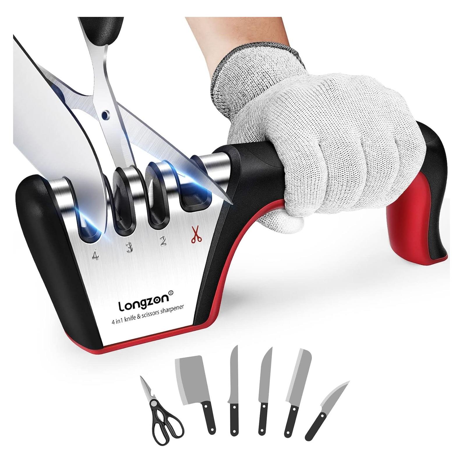 Afilador de Cuchillos 4-en-1 Longzon con Guante Resistente