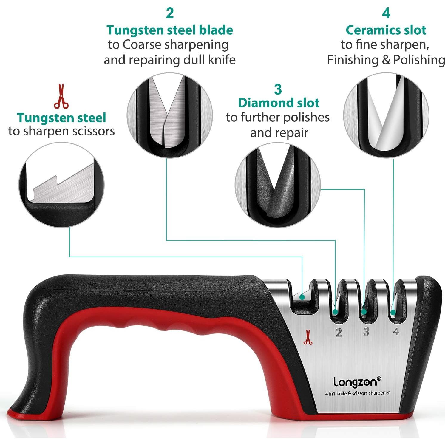 Afilador de Cuchillos 4-en-1 Longzon con Guante Resistente