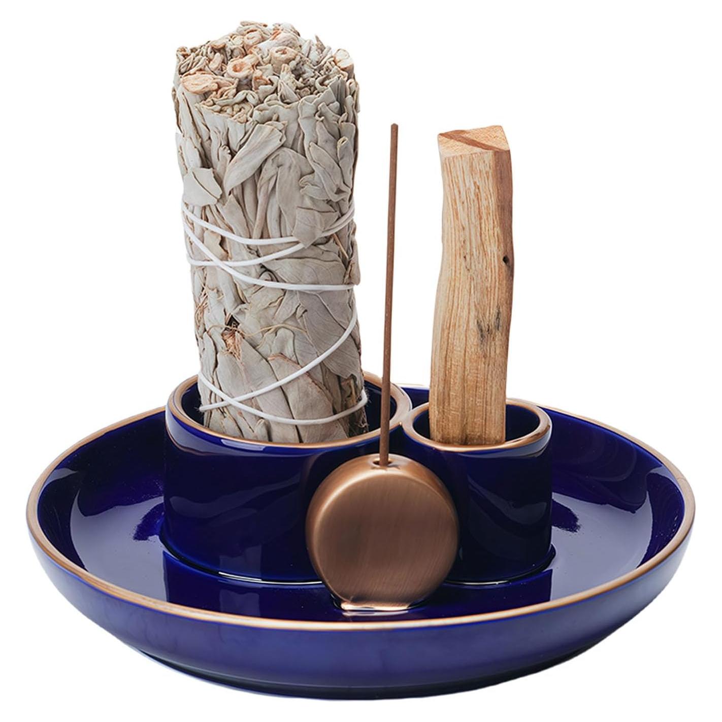 Soporte de Incienso 4 en 1 GRAMSTORMAX Cerámica Azul Dorado 14 cm