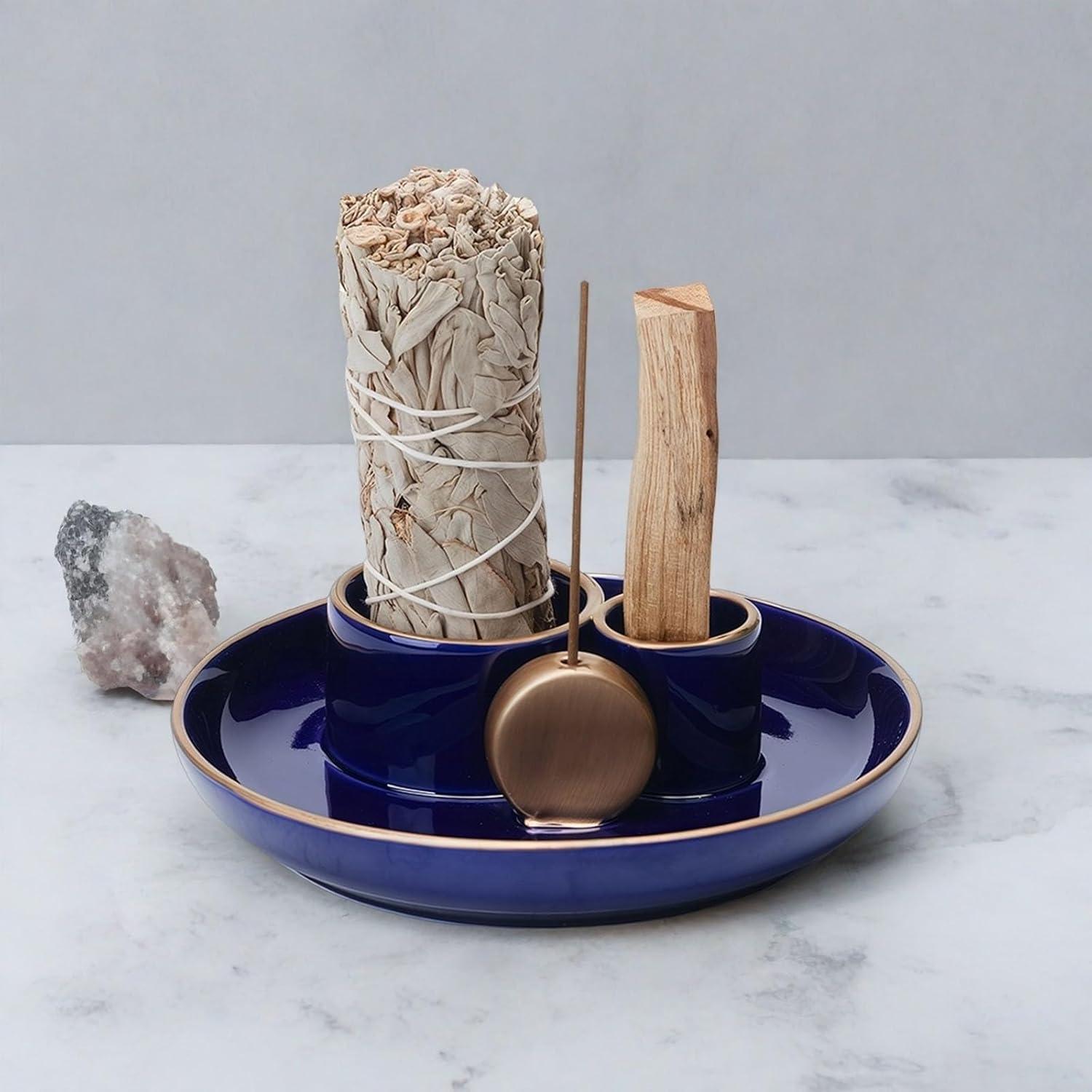 Soporte de Incienso 4 en 1 GRAMSTORMAX Cerámica Azul Dorado 14 cm