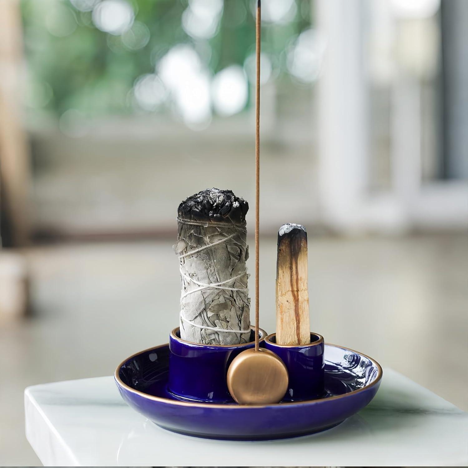 Soporte de Incienso 4 en 1 GRAMSTORMAX Cerámica Azul Dorado 14 cm