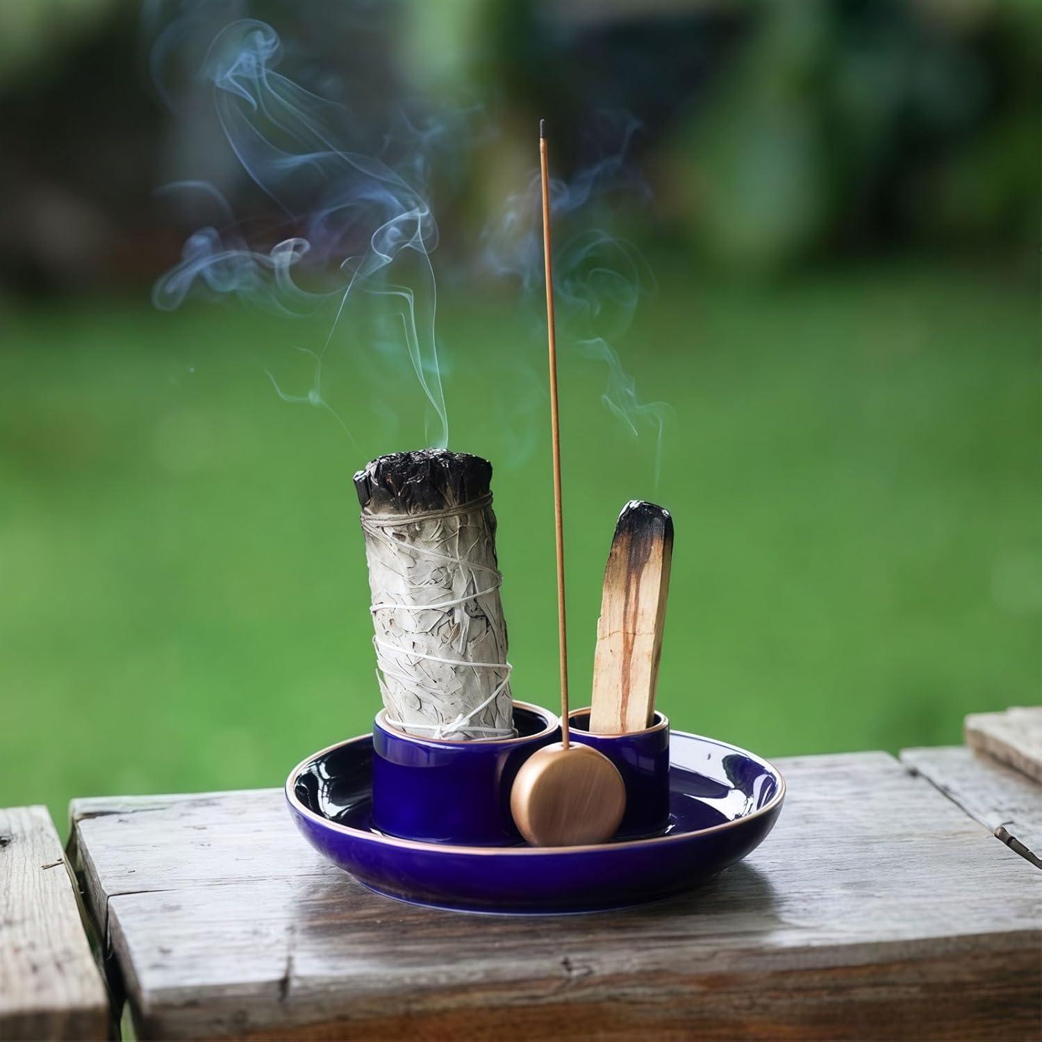 Soporte de Incienso 4 en 1 GRAMSTORMAX Cerámica Azul Dorado 14 cm