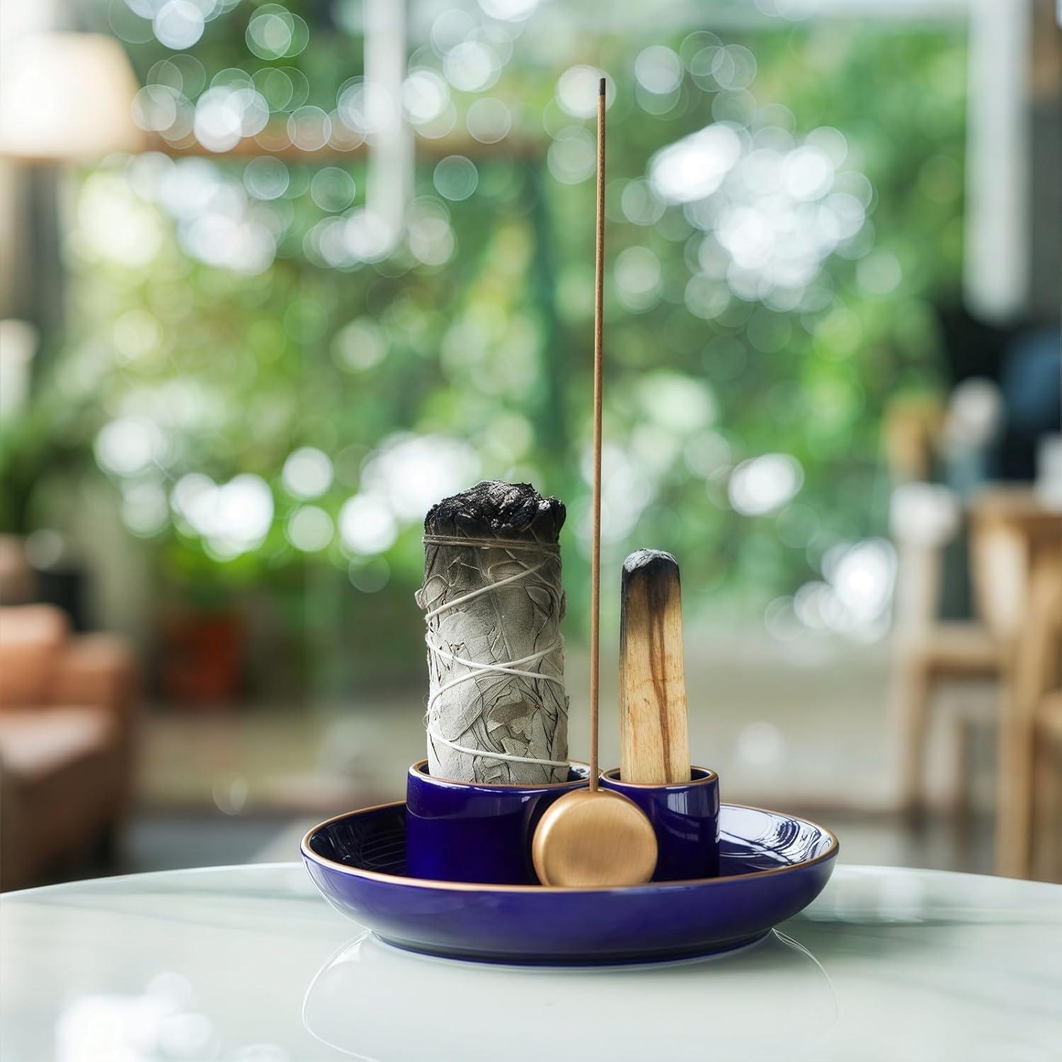 Soporte de Incienso 4 en 1 GRAMSTORMAX Cerámica Azul Dorado 14 cm