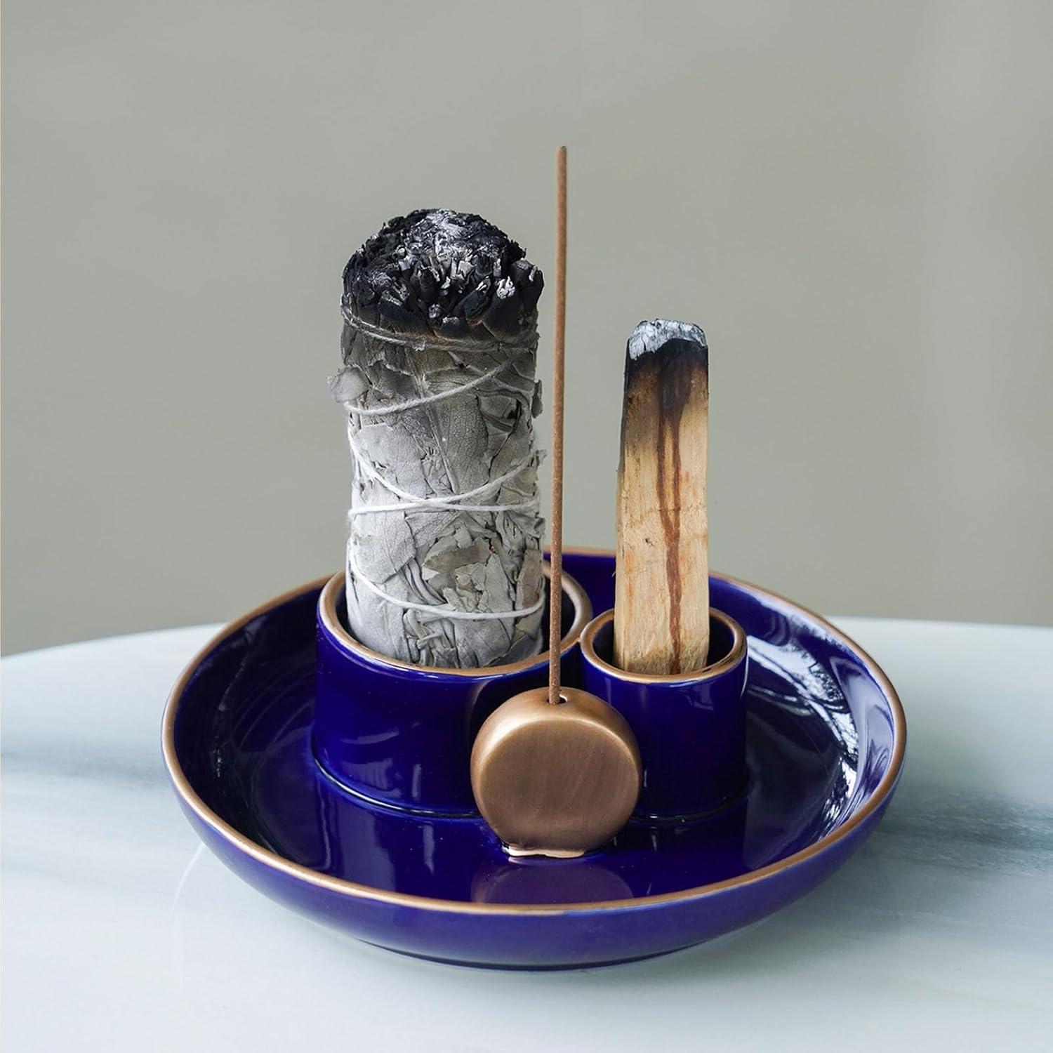 Soporte de Incienso 4 en 1 GRAMSTORMAX Cerámica Azul Dorado 14 cm