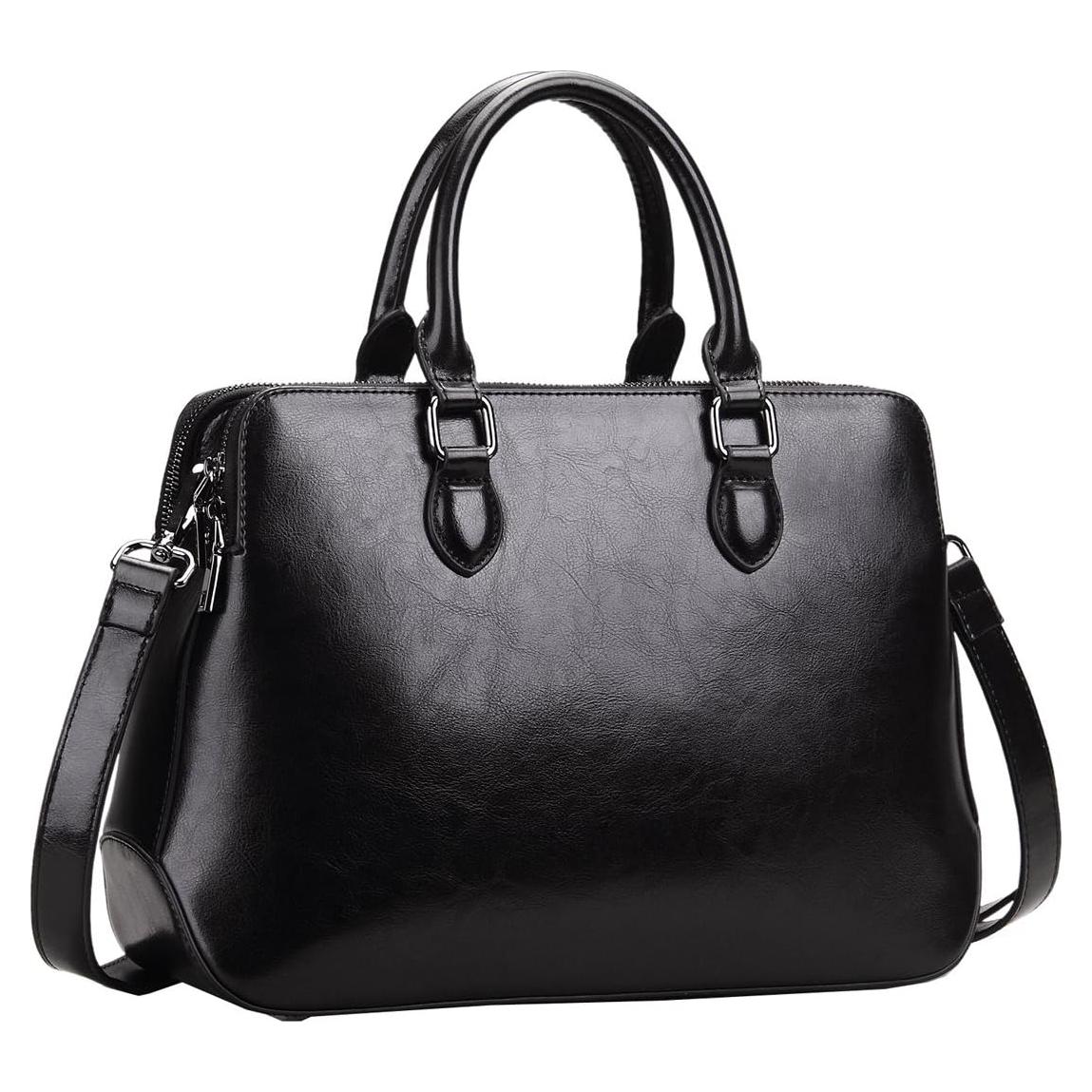 Bolso Tote de Cuero Genuino HESHE Negro 1.25 kg 3 Compartimentos