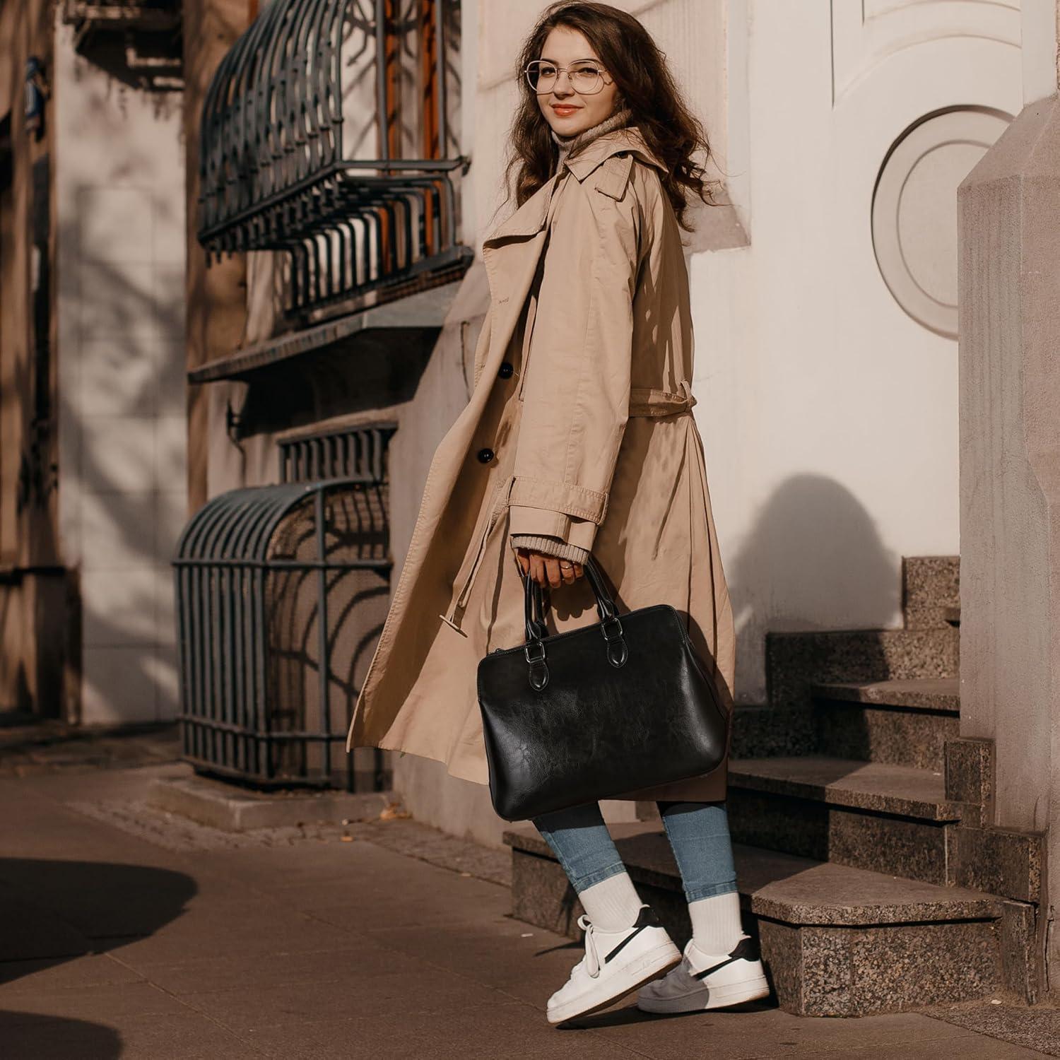 Bolso Tote de Cuero Genuino HESHE Negro 1.25 kg 3 Compartimentos