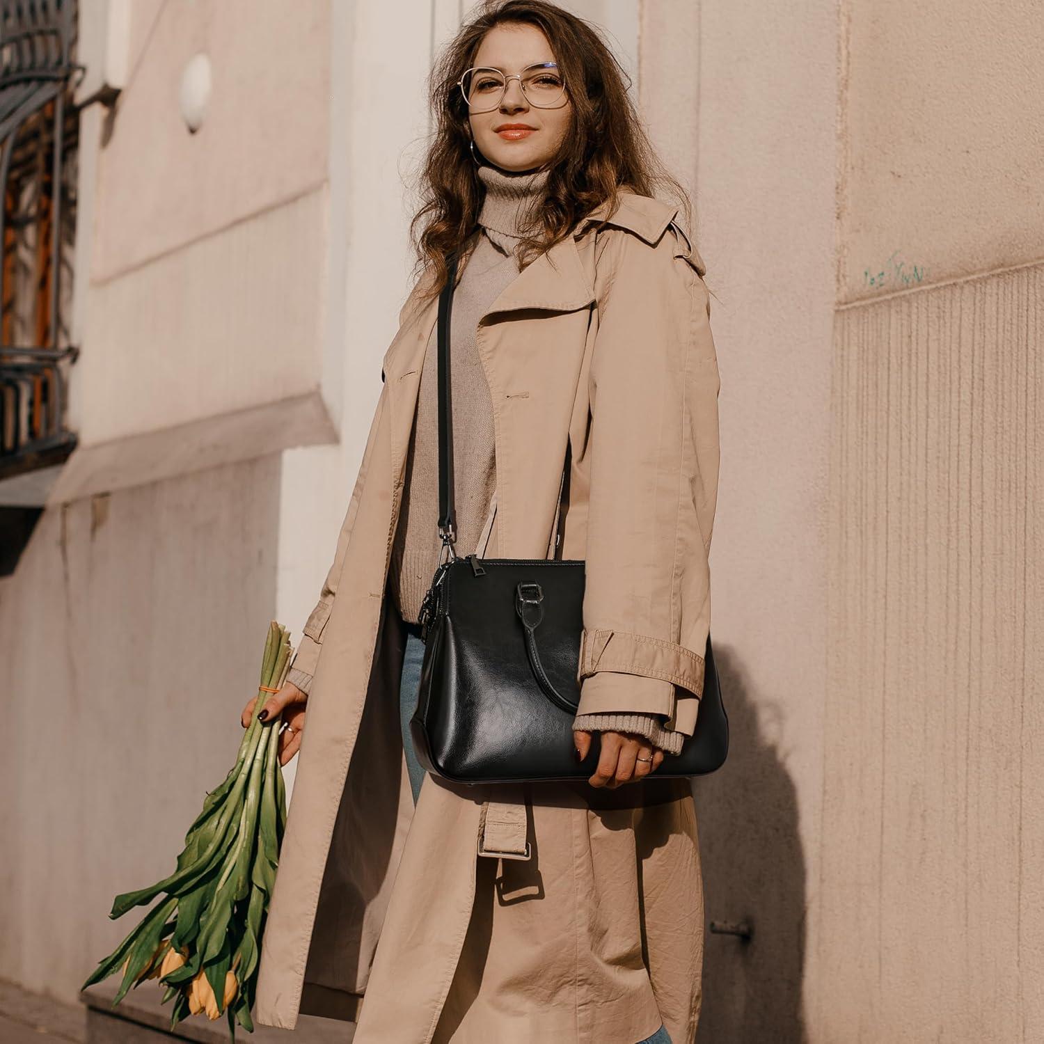 Bolso Tote de Cuero Genuino HESHE Negro 1.25 kg 3 Compartimentos