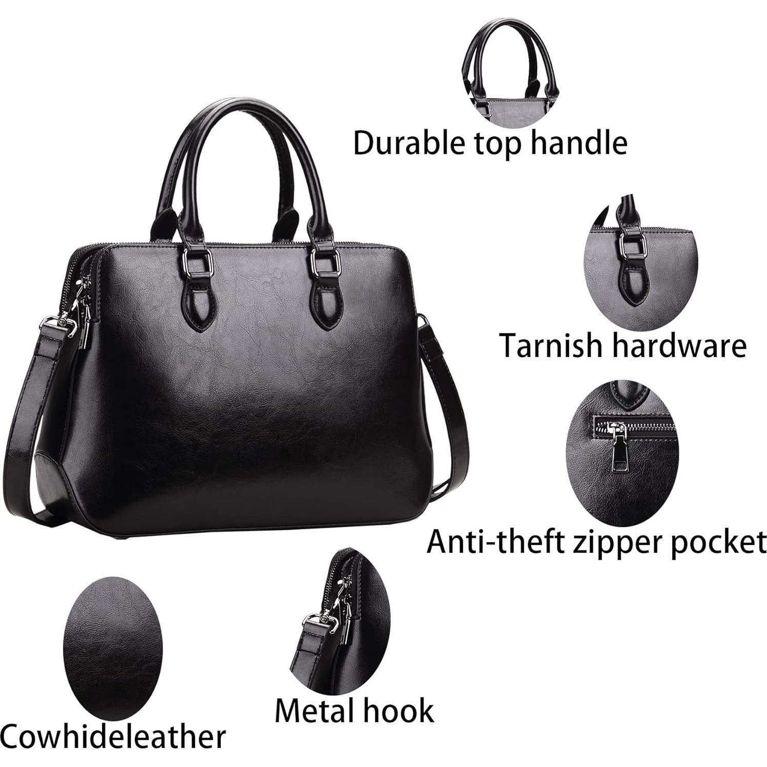 Bolso Tote de Cuero Genuino HESHE Negro 1.25 kg 3 Compartimentos