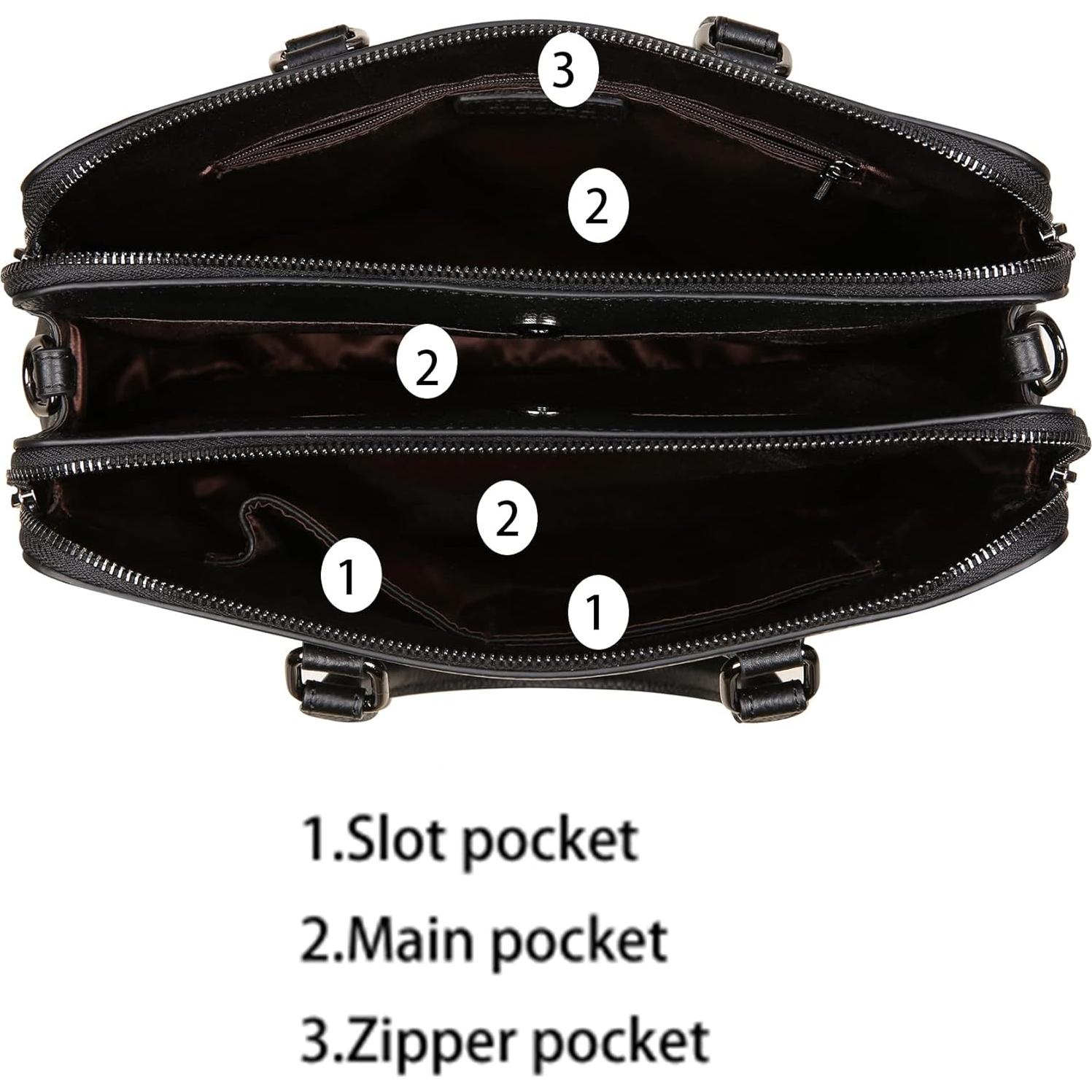 Bolso Tote de Cuero Genuino HESHE Negro 1.25 kg 3 Compartimentos