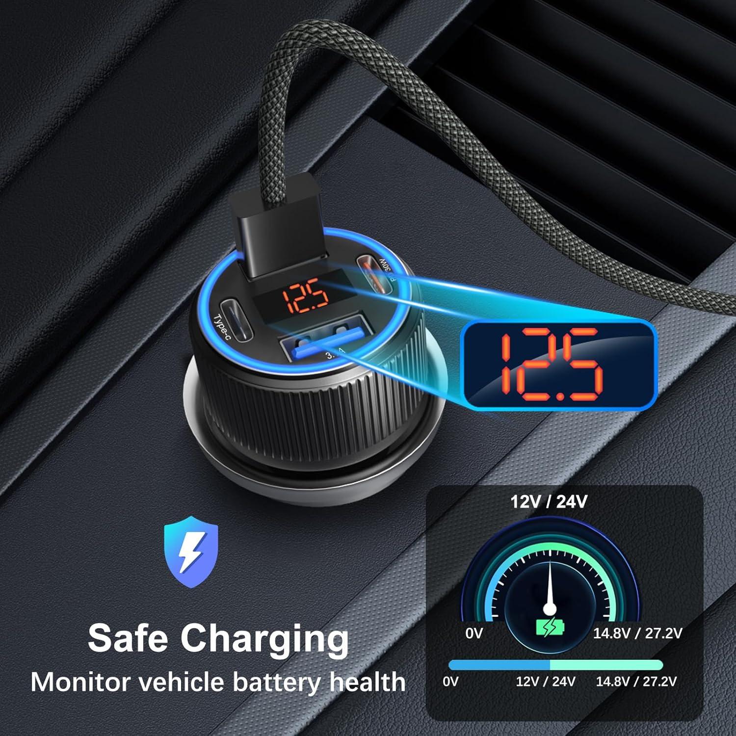 Cargador de coche USB-C 65W con 4 puertos y 2 cables