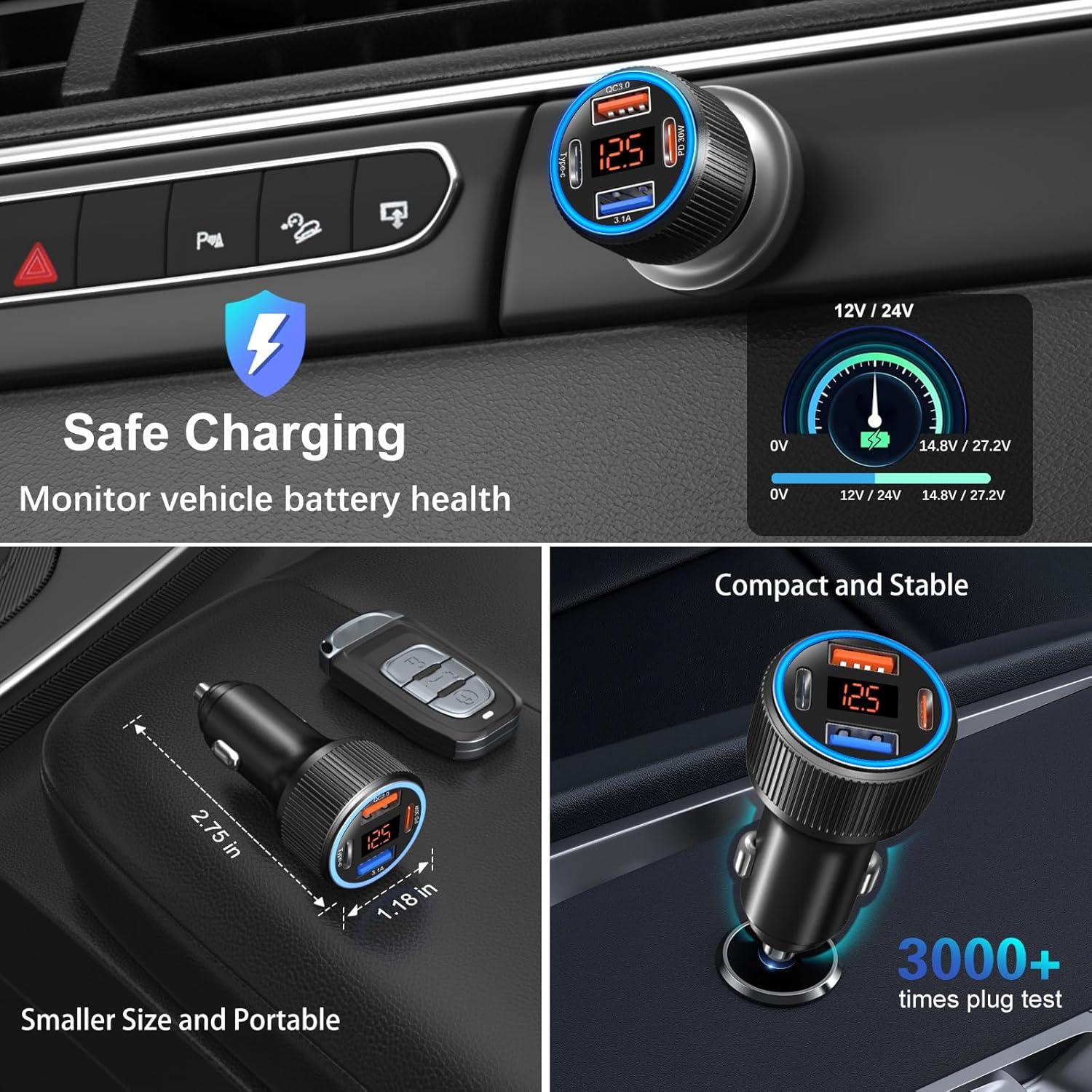 Cargador de coche USB-C 65W con 4 puertos y 2 cables