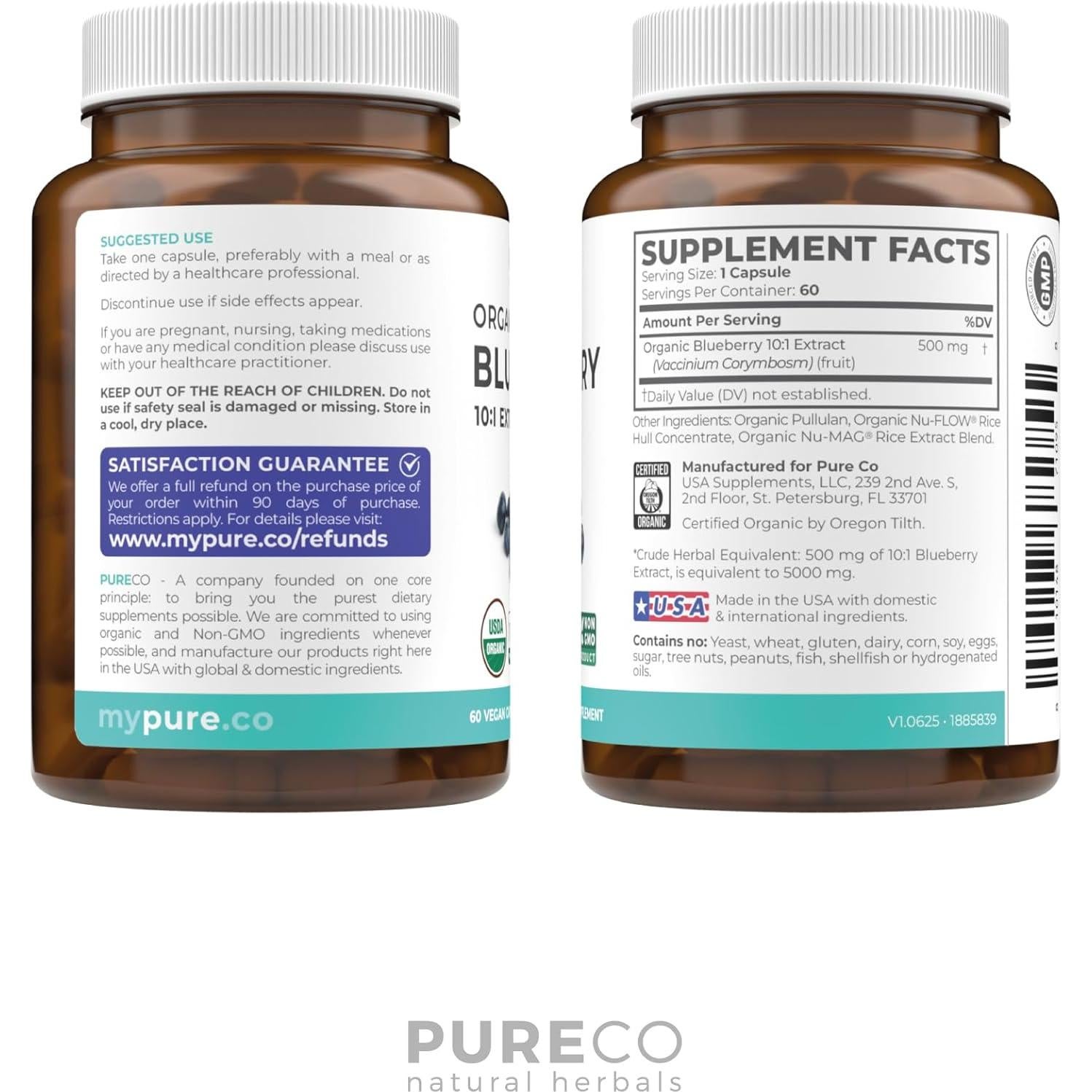 Cápsulas de Extracto de Arándano Orgánico Pure Co 5000mg