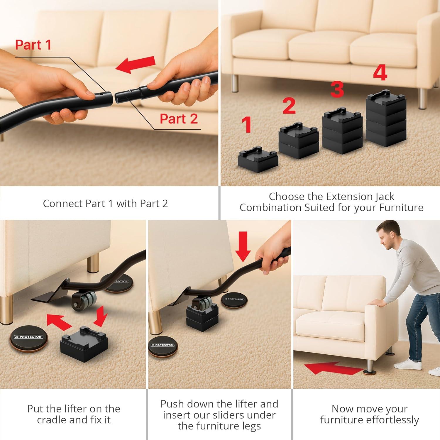 Deslizadores de Muebles X-Protector + Elevador 4 PCS 10.9 cm